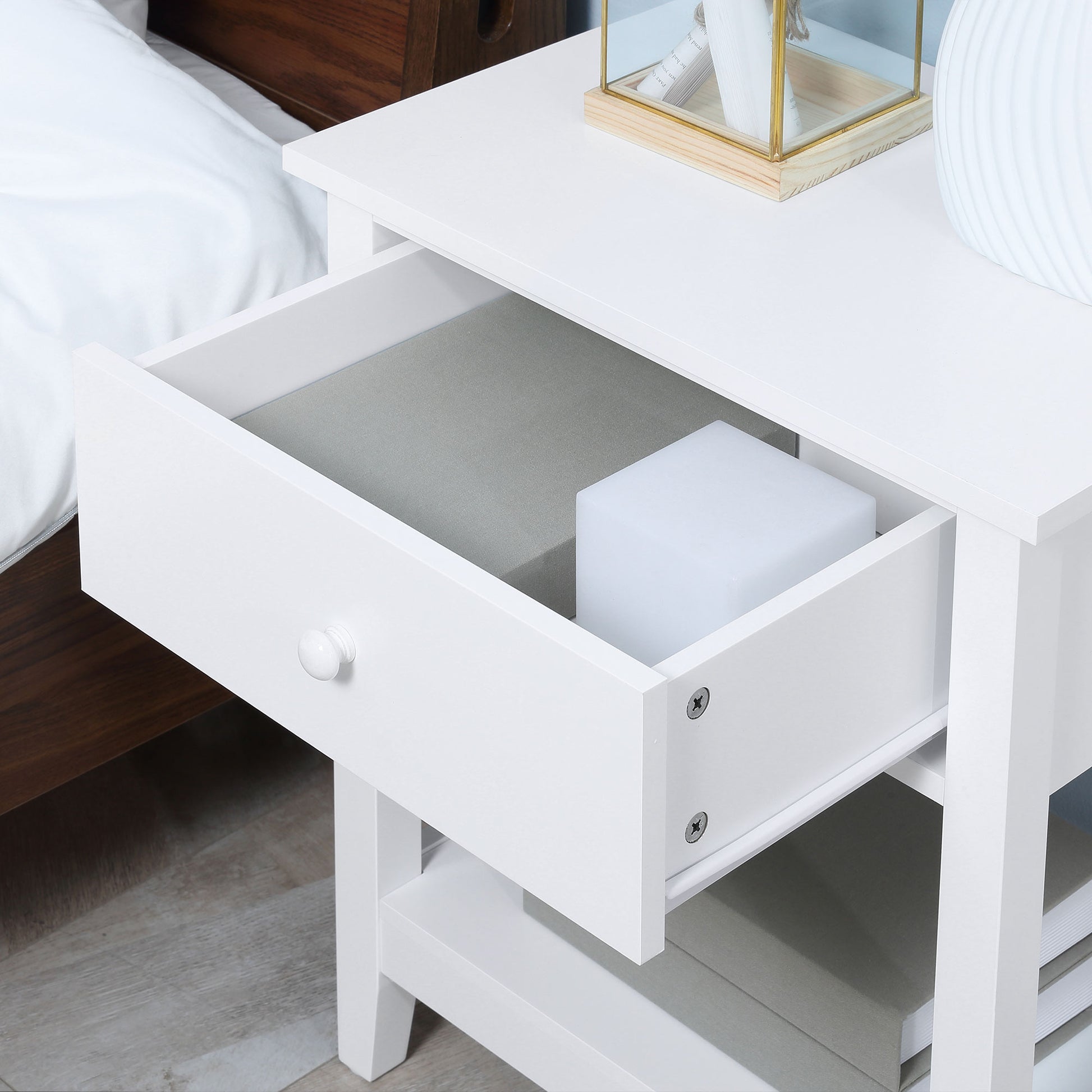 Homcom End Table, 2 Tier Side Table With Drawer And Storage Shelf, Modern Beside Table For Bedroom, Living Room, White White Mdf