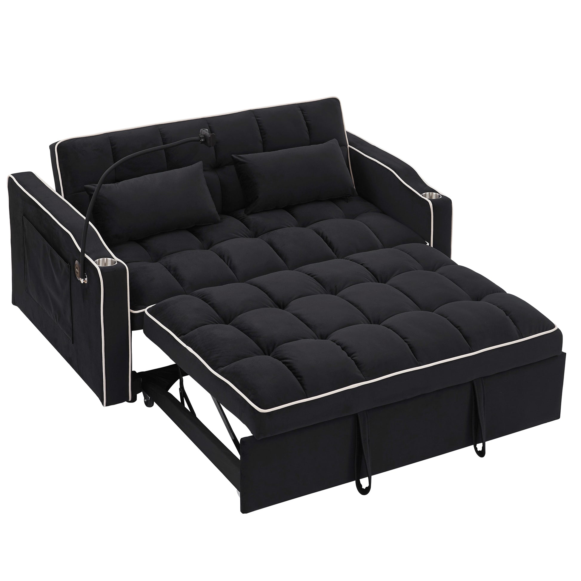 55.51 Inch Versatile Foldable Sofa Bed In 3 Lengths, Modern Sofa Sofa Sofa Velvet Pull Out Bed, Adjustable Back And With Usb Port And Ashtray And Swivel Phone Stand Black Black Velvet Wood Primary Living Space Medium Soft Cushion Back Delicate Duty