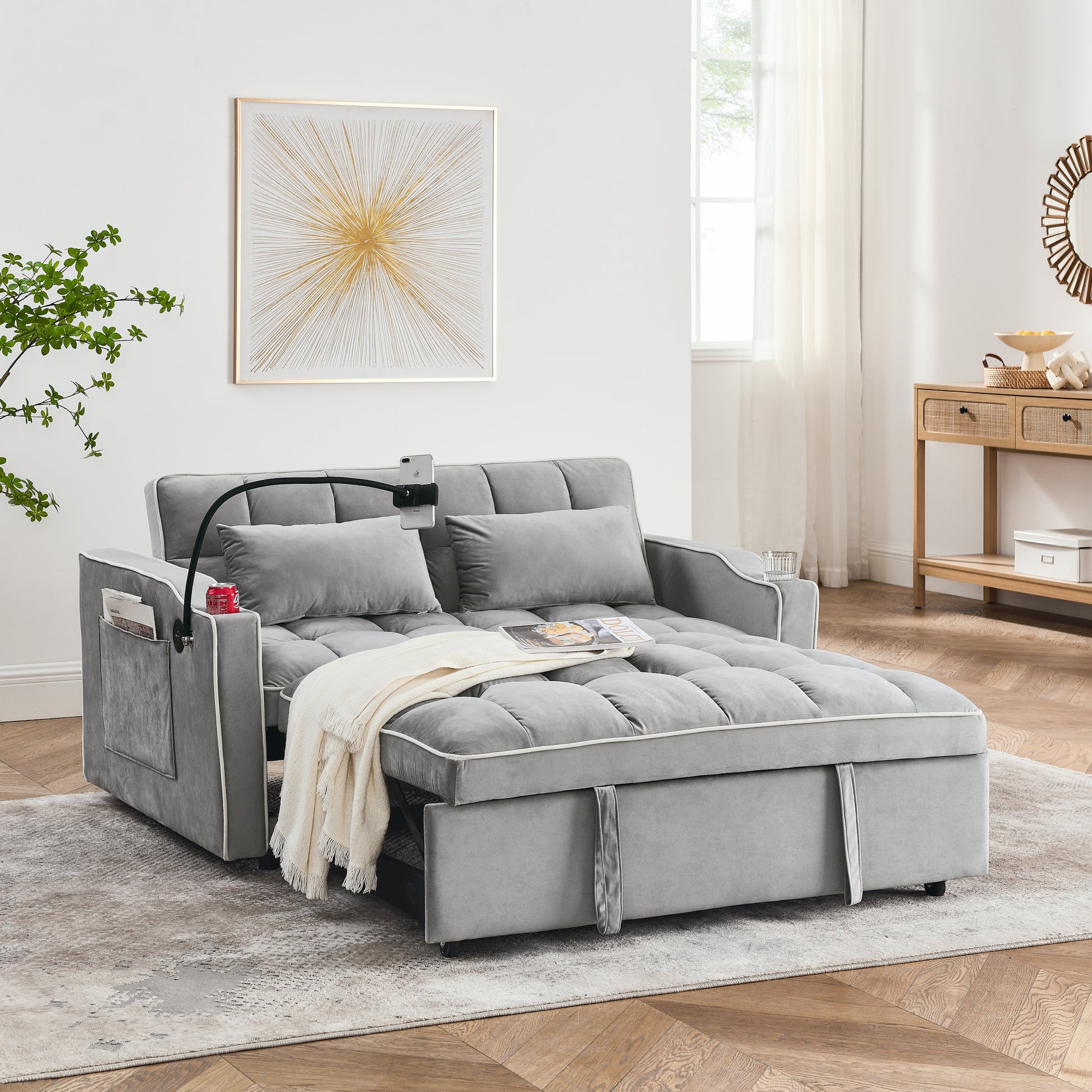 55.51 Inch Versatile Foldable Sofa Bed In 3 Lengths, Modern Sofa Sofa Sofa Velvet Pull Out Bed, Adjustable Back And With Usb Port And Ashtray And Swivel Phone Stand Grey Grey Velvet Wood Primary Living Space Medium Soft Cushion Back Delicate Duty