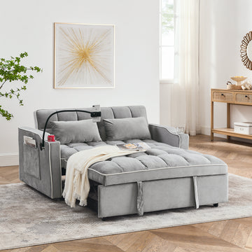 55.51 Inch Versatile Foldable Sofa Bed In 3 Lengths, Modern Sofa Sofa Sofa Velvet Pull Out Bed, Adjustable Back And With Usb Port And Ashtray And Swivel Phone Stand Grey Grey Velvet Wood Primary Living Space Medium Soft Cushion Back Delicate Duty