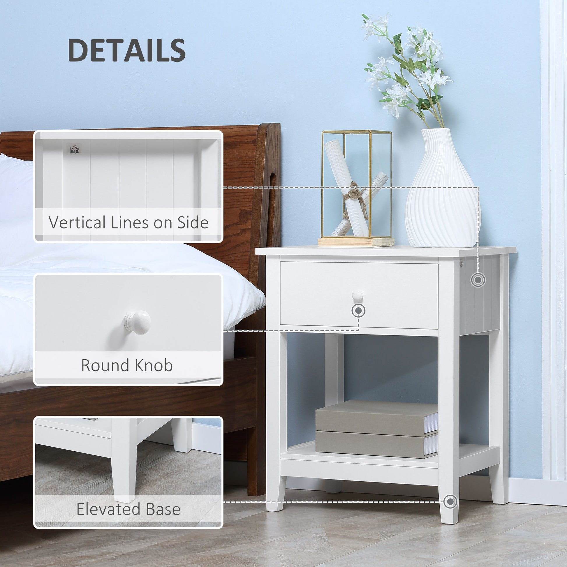 Homcom End Table, 2 Tier Side Table With Drawer And Storage Shelf, Modern Beside Table For Bedroom, Living Room, White White Mdf