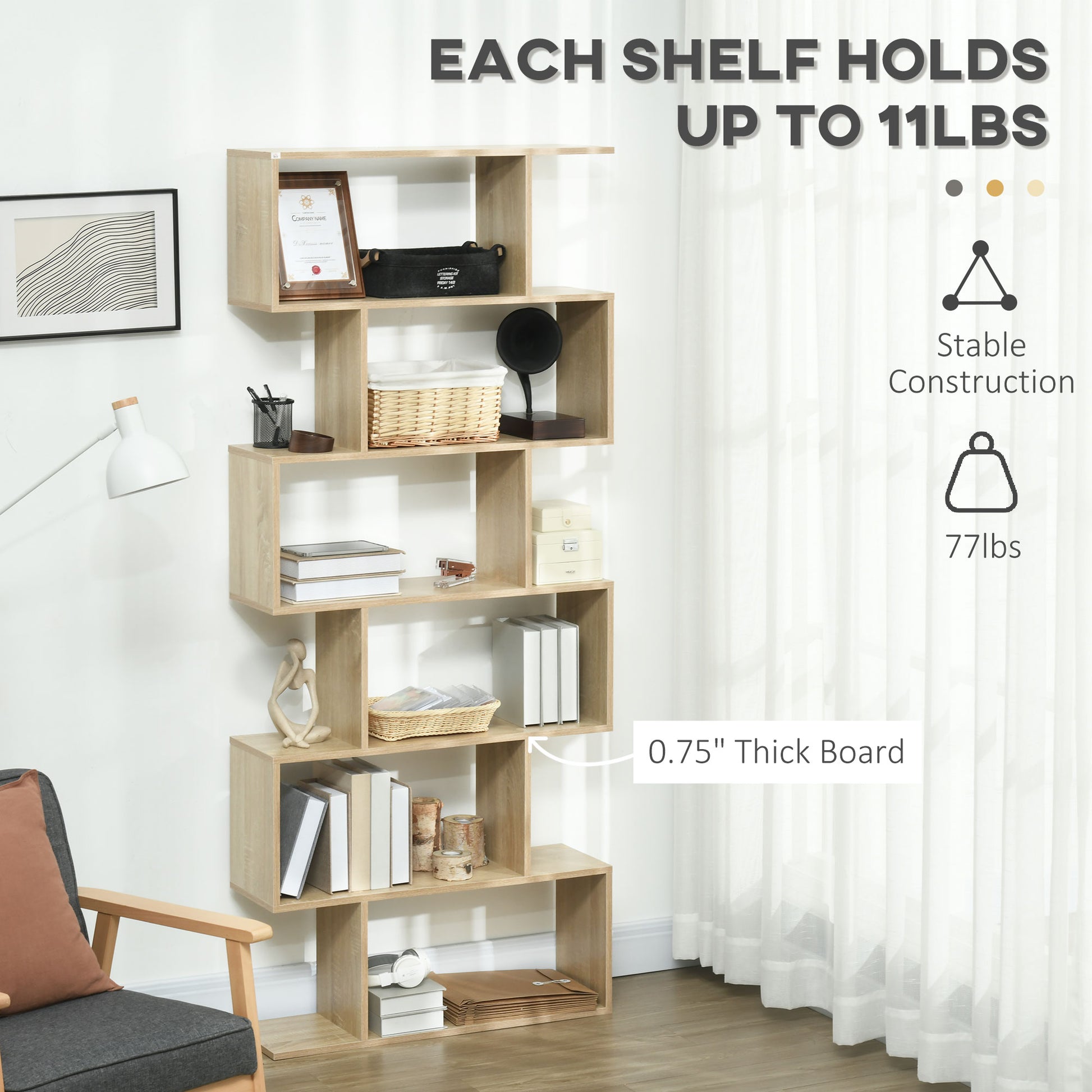 Homcom 75.5"H Bookcase 6 Shelf S Shaped Bookshelf Wooden Storage Display Stand Shelf Organizer Free Standing Oak Natural Engineered Wood