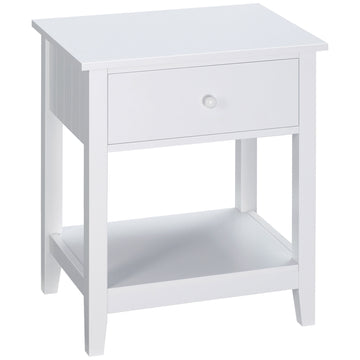 Homcom End Table, 2 Tier Side Table With Drawer And Storage Shelf, Modern Beside Table For Bedroom, Living Room, White White Mdf