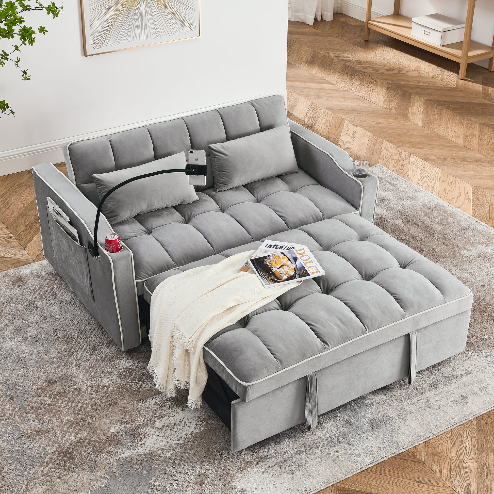 55.51 Inch Versatile Foldable Sofa Bed In 3 Lengths, Modern Sofa Sofa Sofa Velvet Pull Out Bed, Adjustable Back And With Usb Port And Ashtray And Swivel Phone Stand Grey Grey Velvet Wood Primary Living Space Medium Soft Cushion Back Delicate Duty