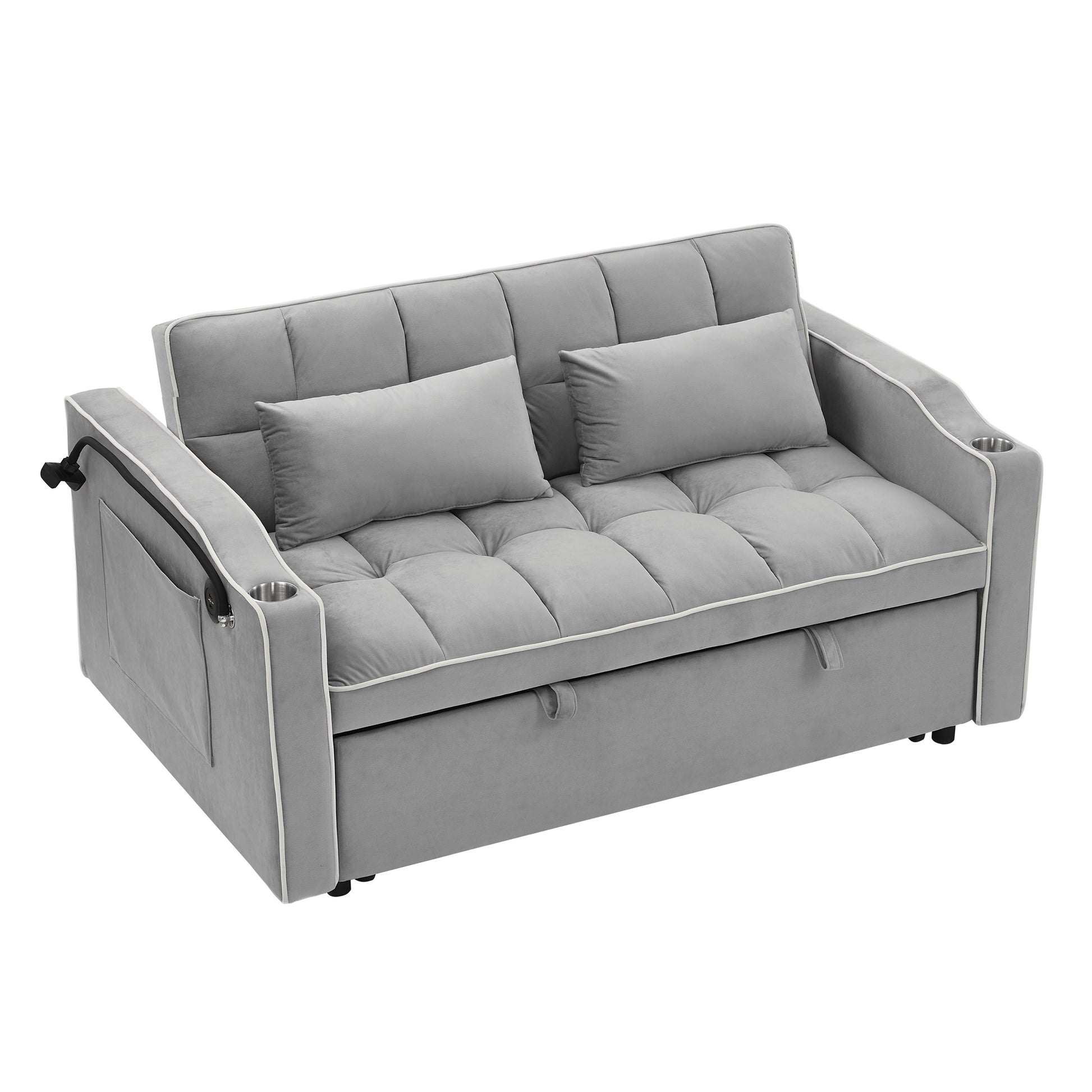 55.51 Inch Versatile Foldable Sofa Bed In 3 Lengths, Modern Sofa Sofa Sofa Velvet Pull Out Bed, Adjustable Back And With Usb Port And Ashtray And Swivel Phone Stand Grey Grey Velvet Wood Primary Living Space Medium Soft Cushion Back Delicate Duty