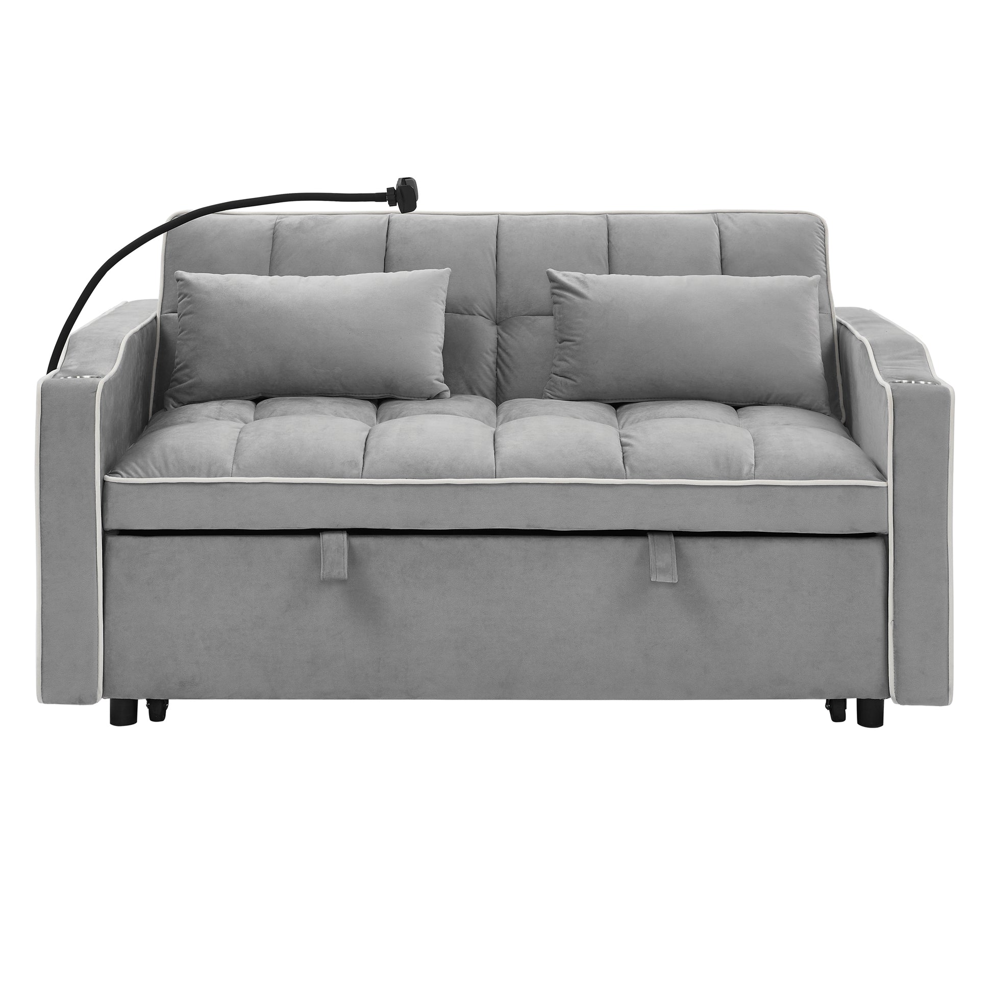 55.51 Inch Versatile Foldable Sofa Bed In 3 Lengths, Modern Sofa Sofa Sofa Velvet Pull Out Bed, Adjustable Back And With Usb Port And Ashtray And Swivel Phone Stand Grey Grey Velvet Wood Primary Living Space Medium Soft Cushion Back Delicate Duty