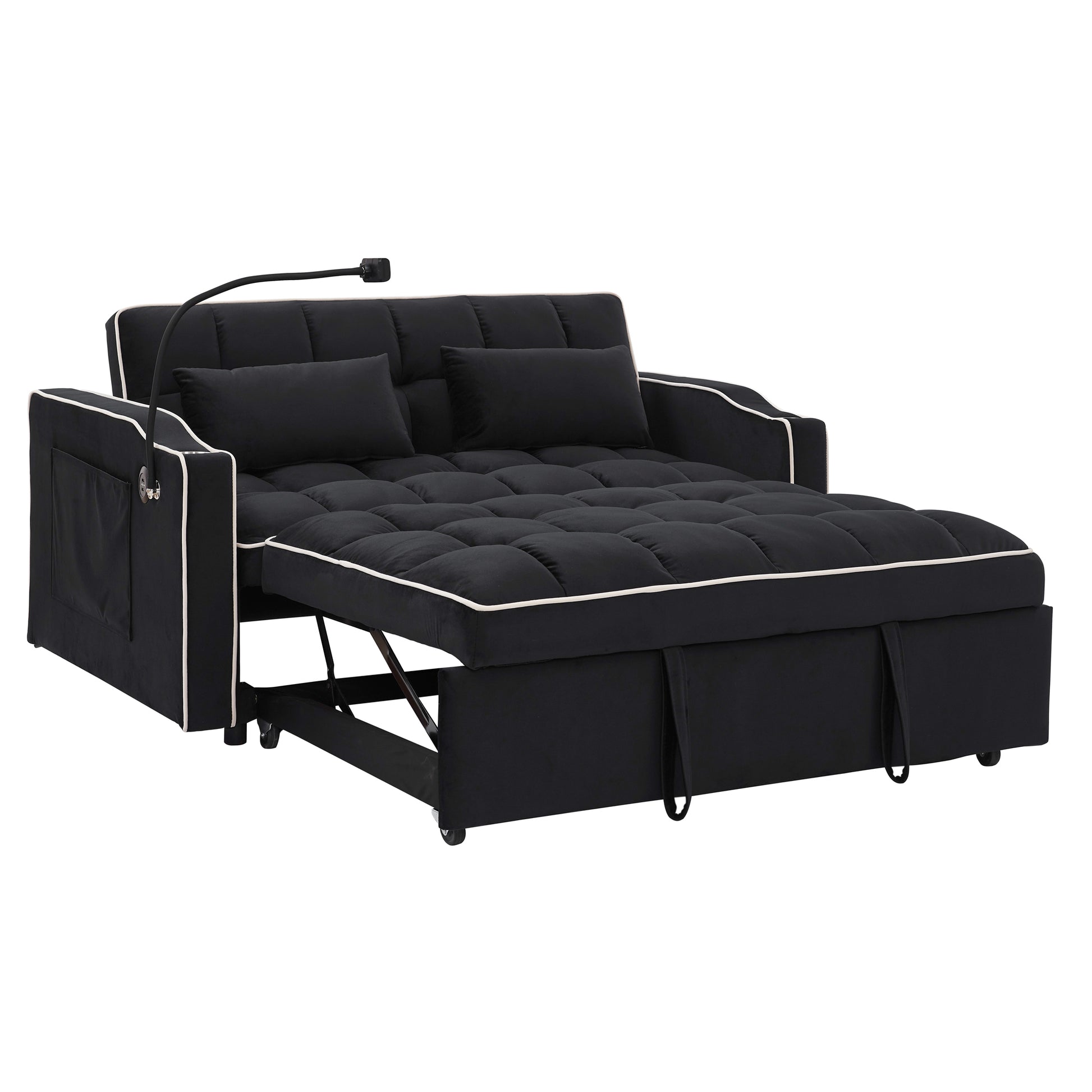 55.51 Inch Versatile Foldable Sofa Bed In 3 Lengths, Modern Sofa Sofa Sofa Velvet Pull Out Bed, Adjustable Back And With Usb Port And Ashtray And Swivel Phone Stand Black Black Velvet Wood Primary Living Space Medium Soft Cushion Back Delicate Duty