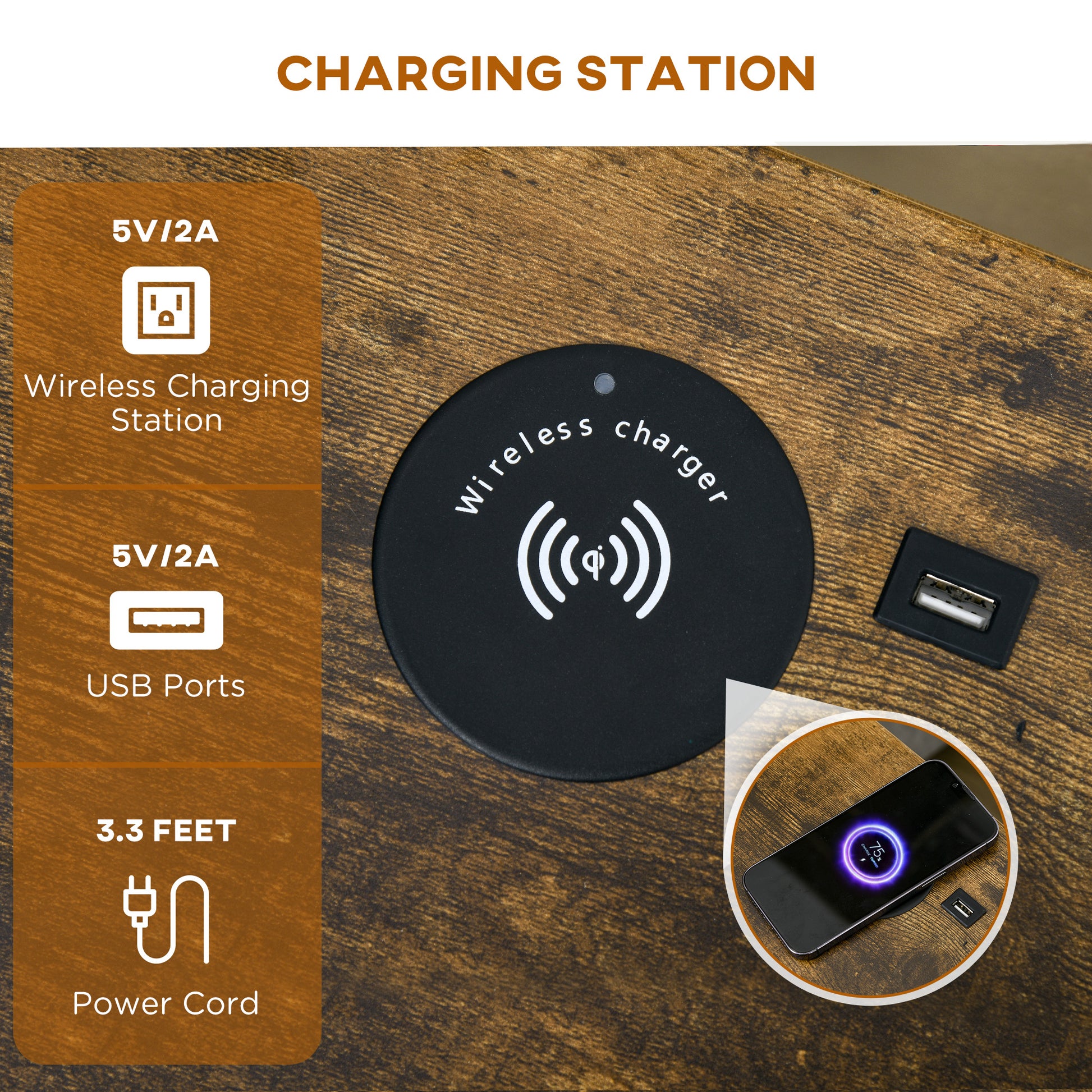 Homcom End Table With Wireless Charging Station And 2 Usb Ports, Small Side Table With 2 Tier Storage, Drawer For Living Room, Bedroom, Rustic Brown Brown Particle Board