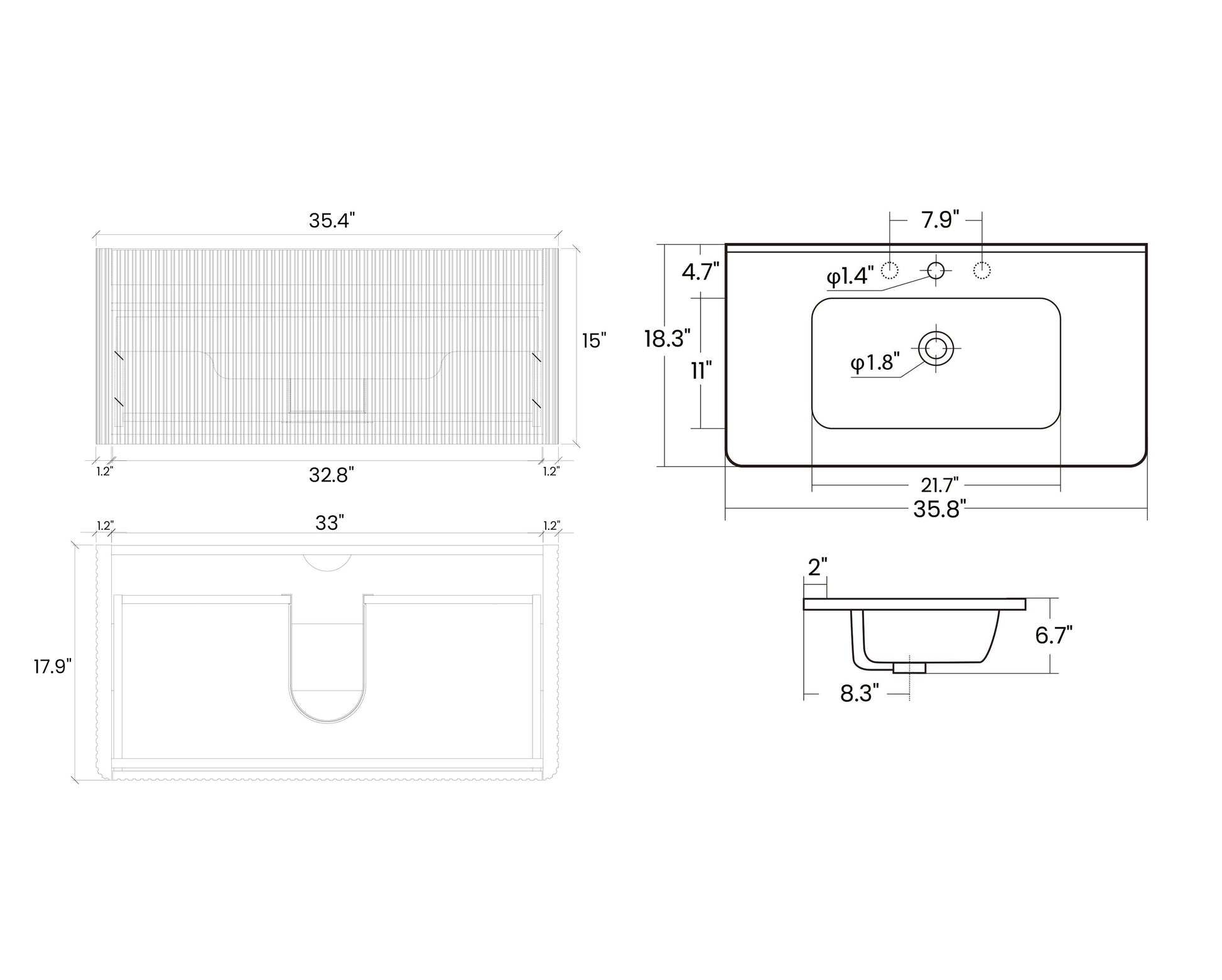 U058 Etna36W 308 Etna 36" Striped Brushed Black Oak Floating Bathroom Vanity With White Ceramic Sink, Bathroom Vanity For Modern Bathroom, Pre Assembled Black Melamine