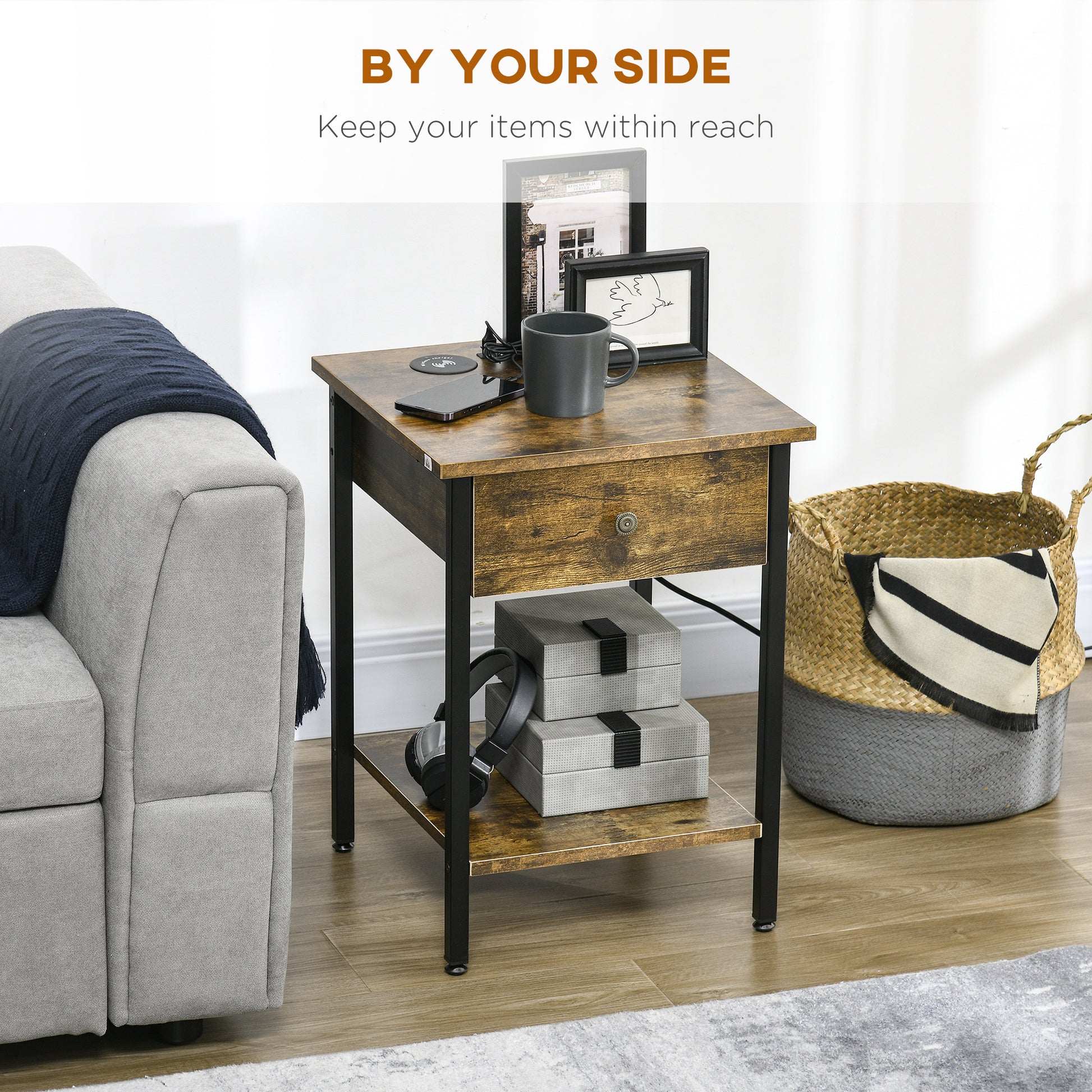 Homcom End Table With Wireless Charging Station And 2 Usb Ports, Small Side Table With 2 Tier Storage, Drawer For Living Room, Bedroom, Rustic Brown Brown Particle Board