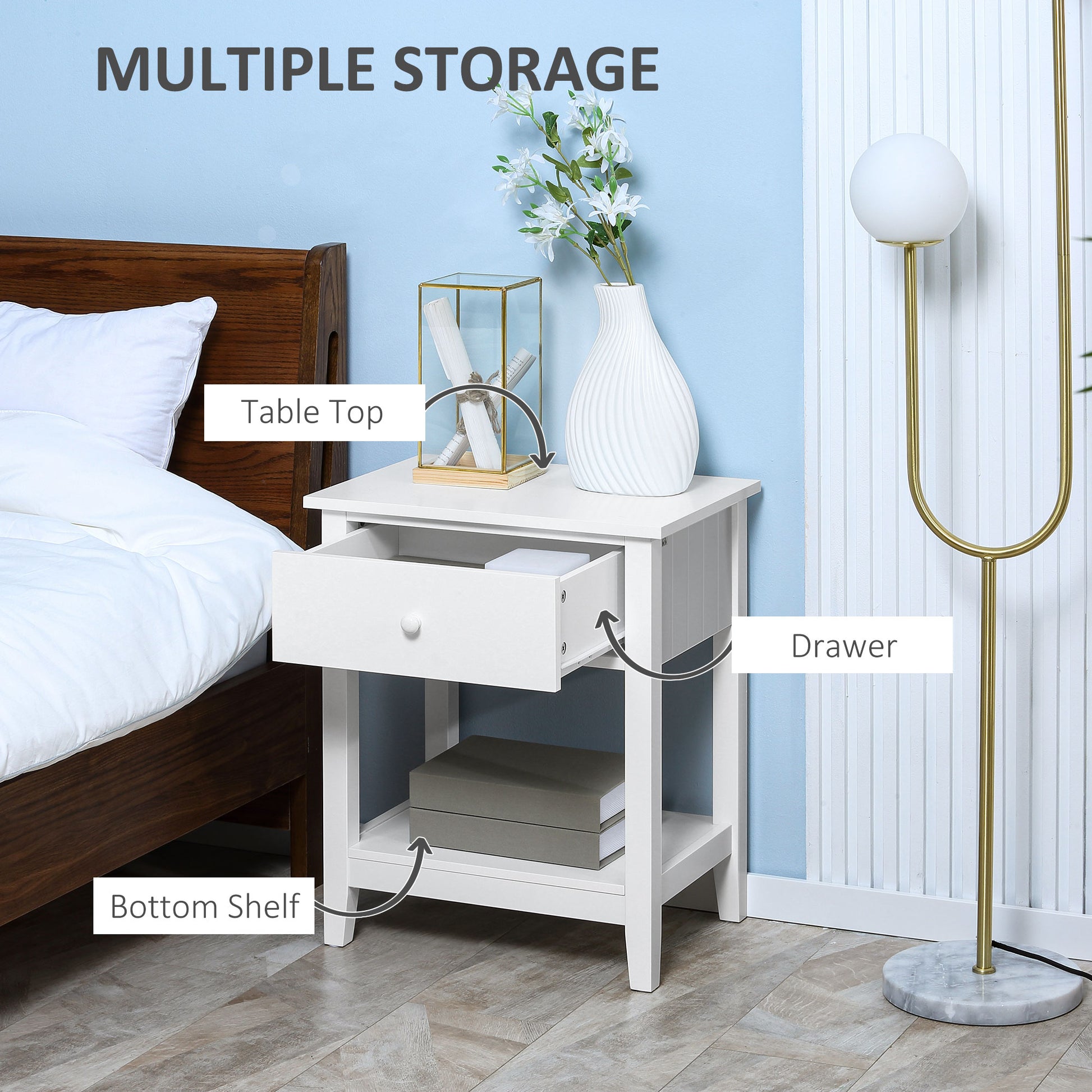 Homcom End Table, 2 Tier Side Table With Drawer And Storage Shelf, Modern Beside Table For Bedroom, Living Room, White White Mdf