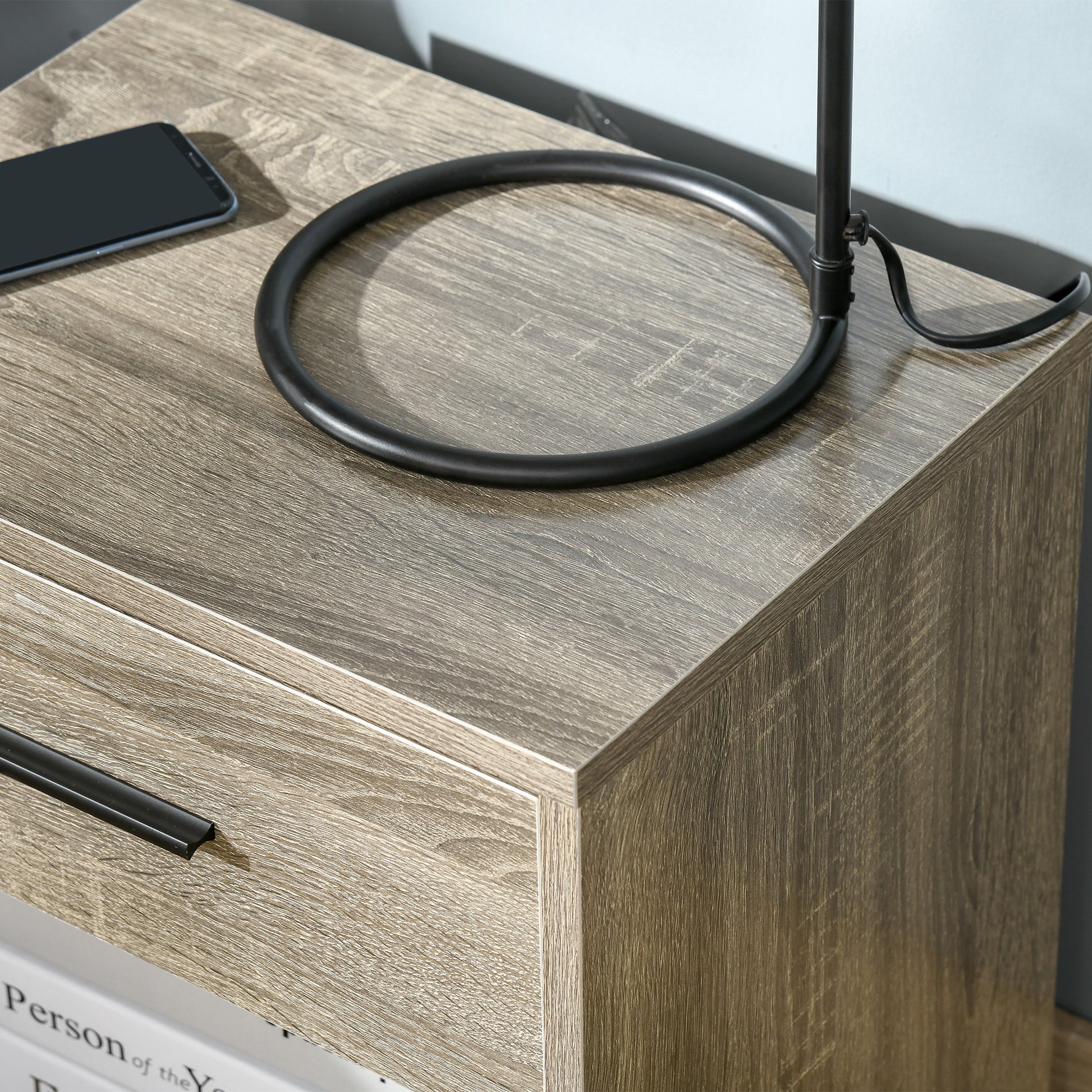 Homcom Side Table, Small End Table With Storage Shelf And Drawer, Modern Bedside Table For Bedroom Or Living Room, Gray Wood Grain Gray Particle Board