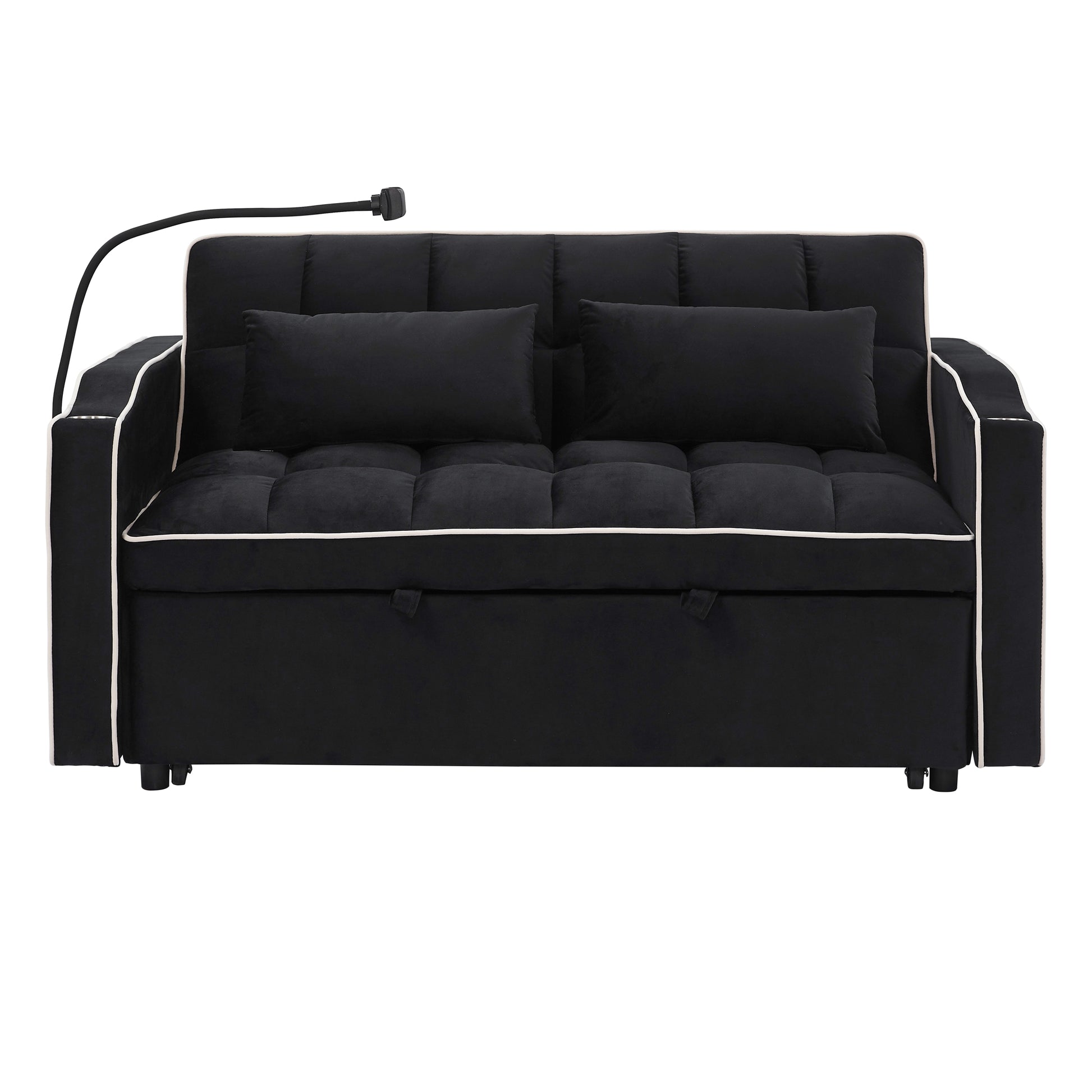 55.51 Inch Versatile Foldable Sofa Bed In 3 Lengths, Modern Sofa Sofa Sofa Velvet Pull Out Bed, Adjustable Back And With Usb Port And Ashtray And Swivel Phone Stand Black Black Velvet Wood Primary Living Space Medium Soft Cushion Back Delicate Duty