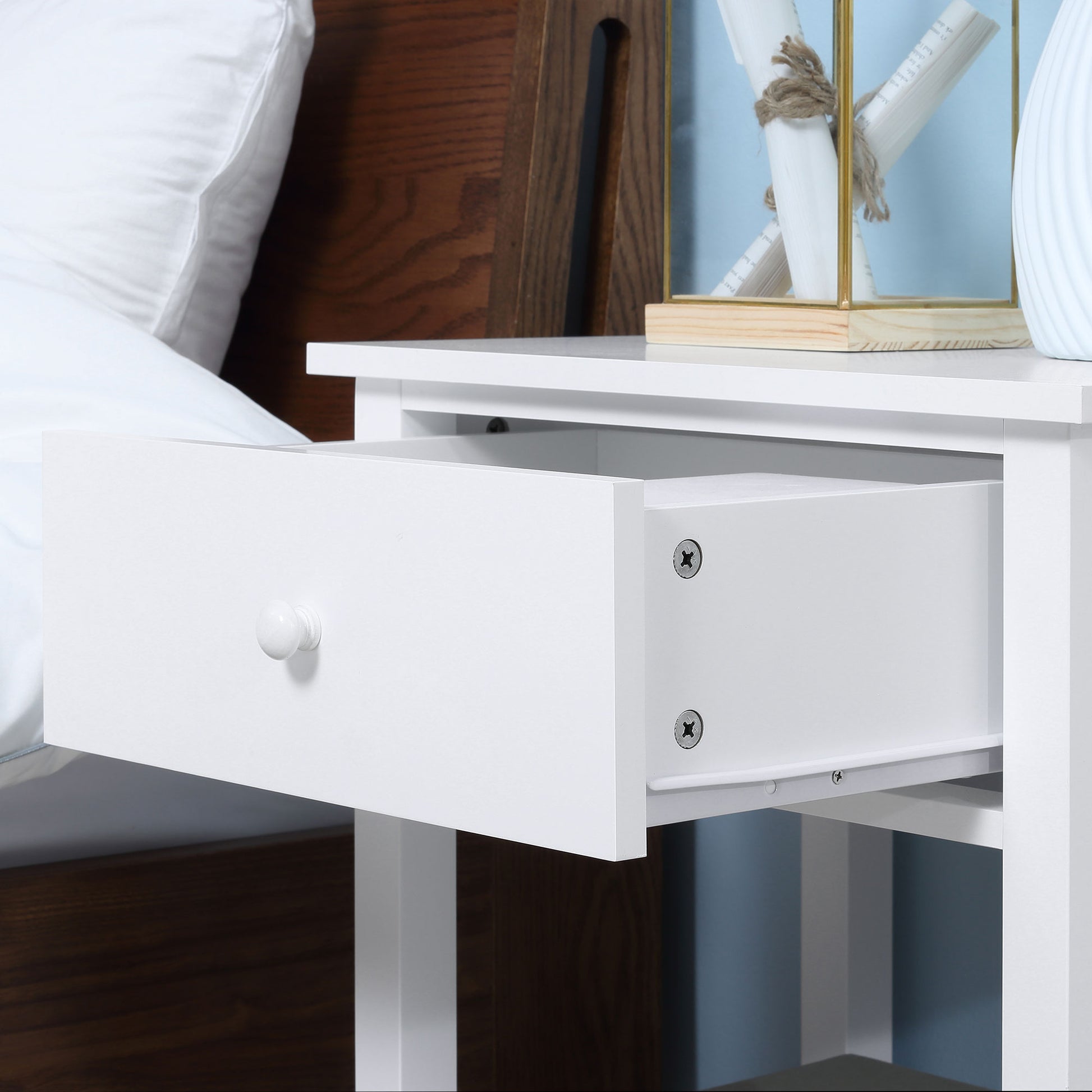 Homcom End Table, 2 Tier Side Table With Drawer And Storage Shelf, Modern Beside Table For Bedroom, Living Room, White White Mdf