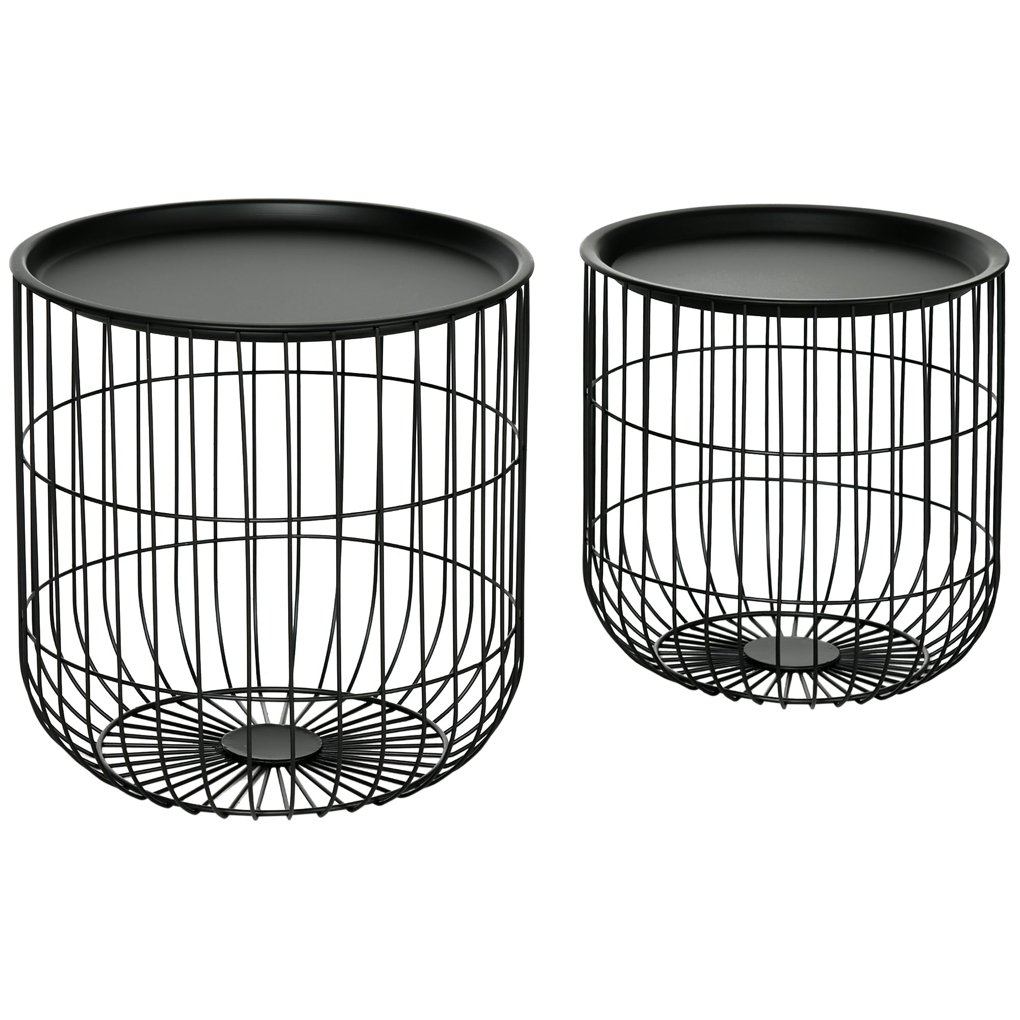 Homcom Nesting Coffee Tables, Round Coffee Table Set Of 2 With Steel Wired Basket Body And Removable Top, Stacking End Tables Blanket Storage For Living Room, Black Black Steel