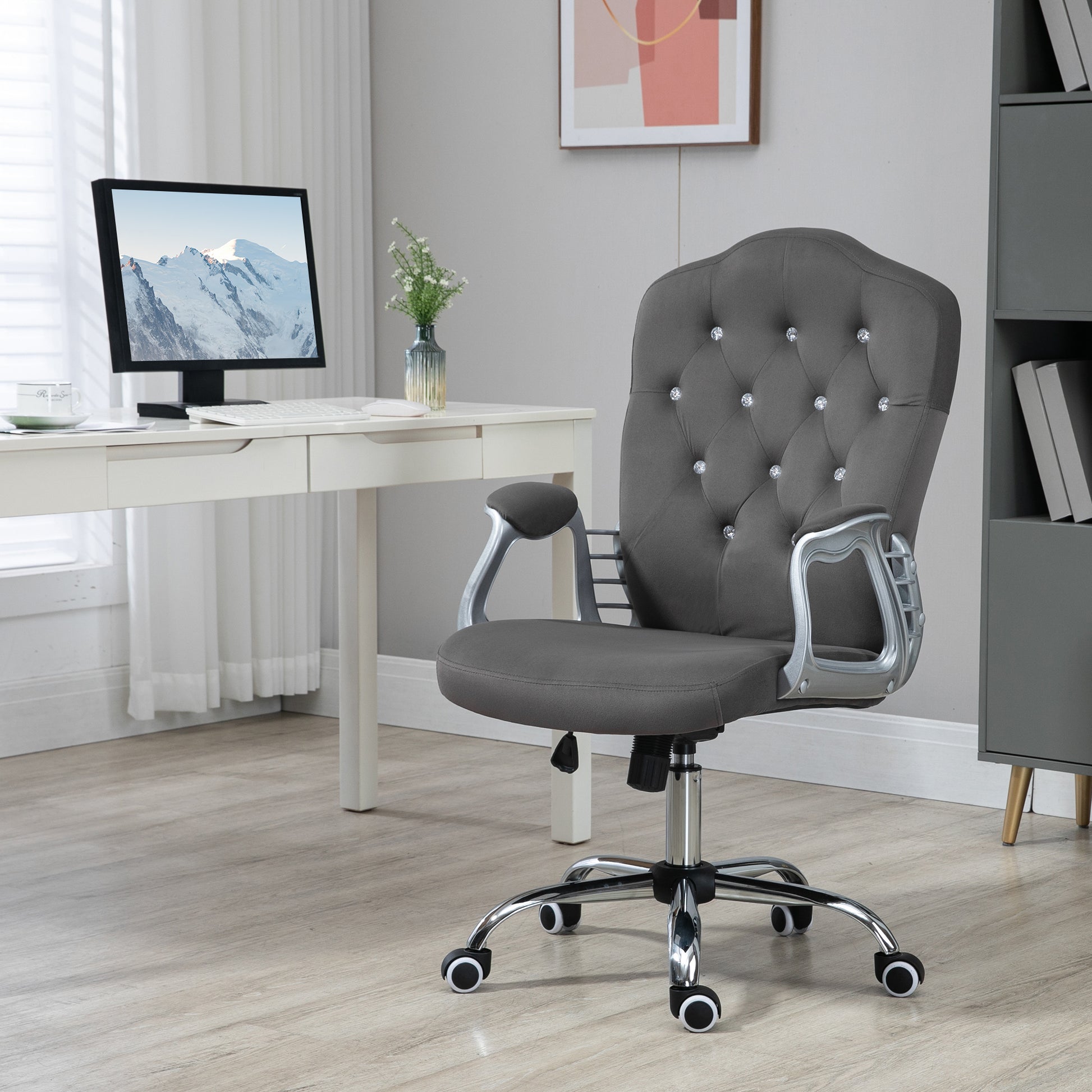 Vinsetto Home Office Chair, Velvet Computer Chair, Button Tufted Desk Chair With Swivel Wheels, Adjustable Height, And Tilt Function, Dark Gray Gray Polyester