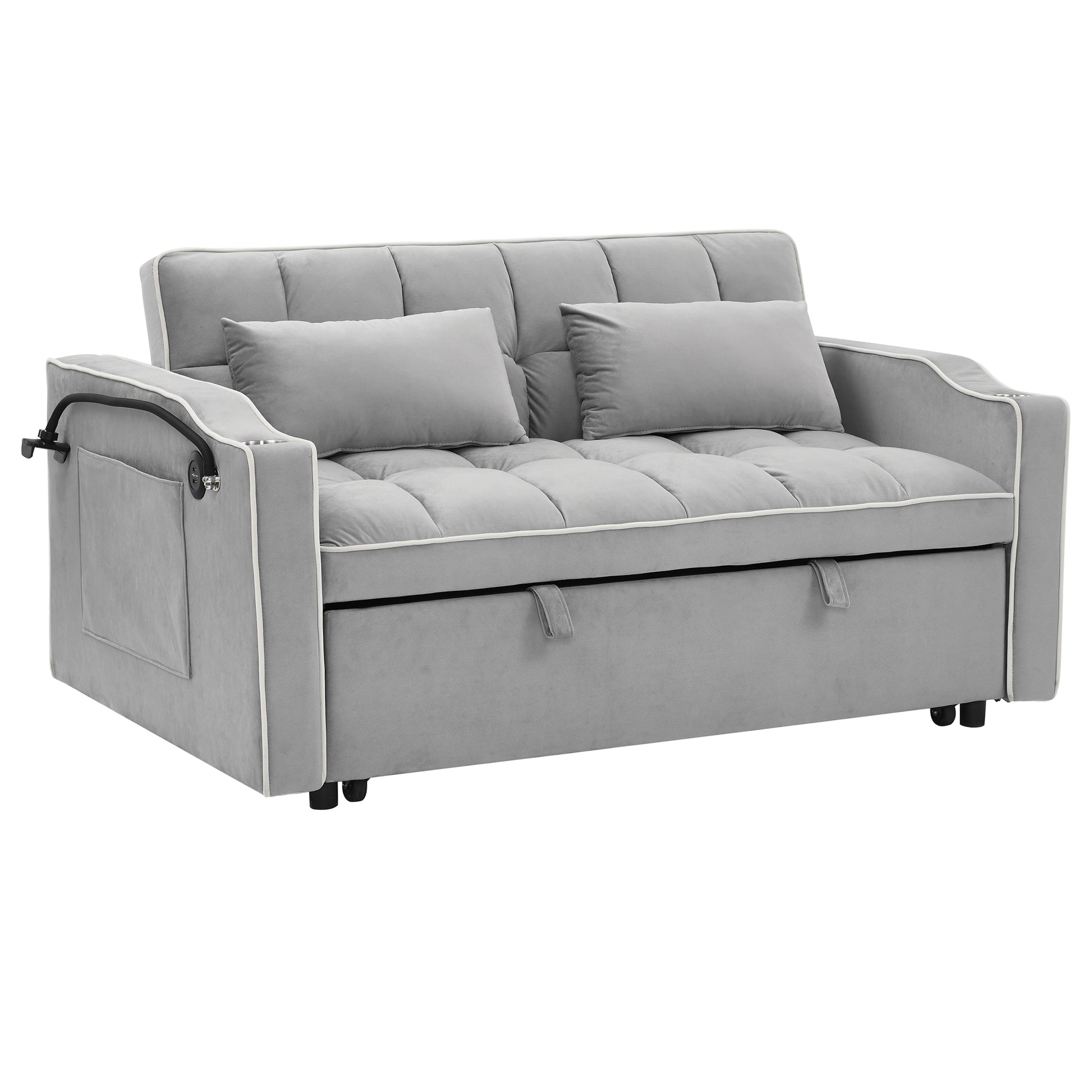 55.51 Inch Versatile Foldable Sofa Bed In 3 Lengths, Modern Sofa Sofa Sofa Velvet Pull Out Bed, Adjustable Back And With Usb Port And Ashtray And Swivel Phone Stand Grey Grey Velvet Wood Primary Living Space Medium Soft Cushion Back Delicate Duty