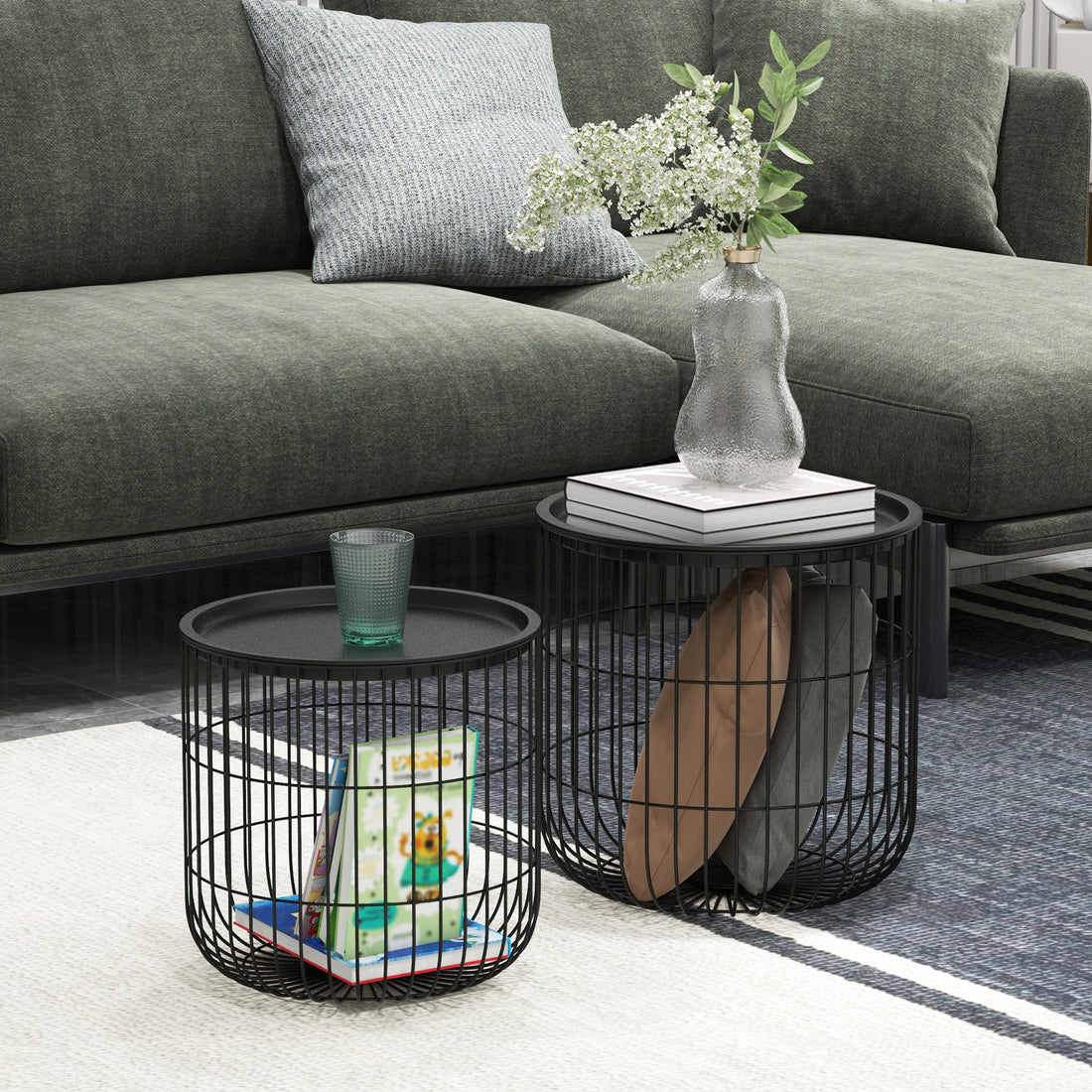 Homcom Nesting Coffee Tables, Round Coffee Table Set Of 2 With Steel Wired Basket Body And Removable Top, Stacking End Tables Blanket Storage For Living Room, Black Black Steel