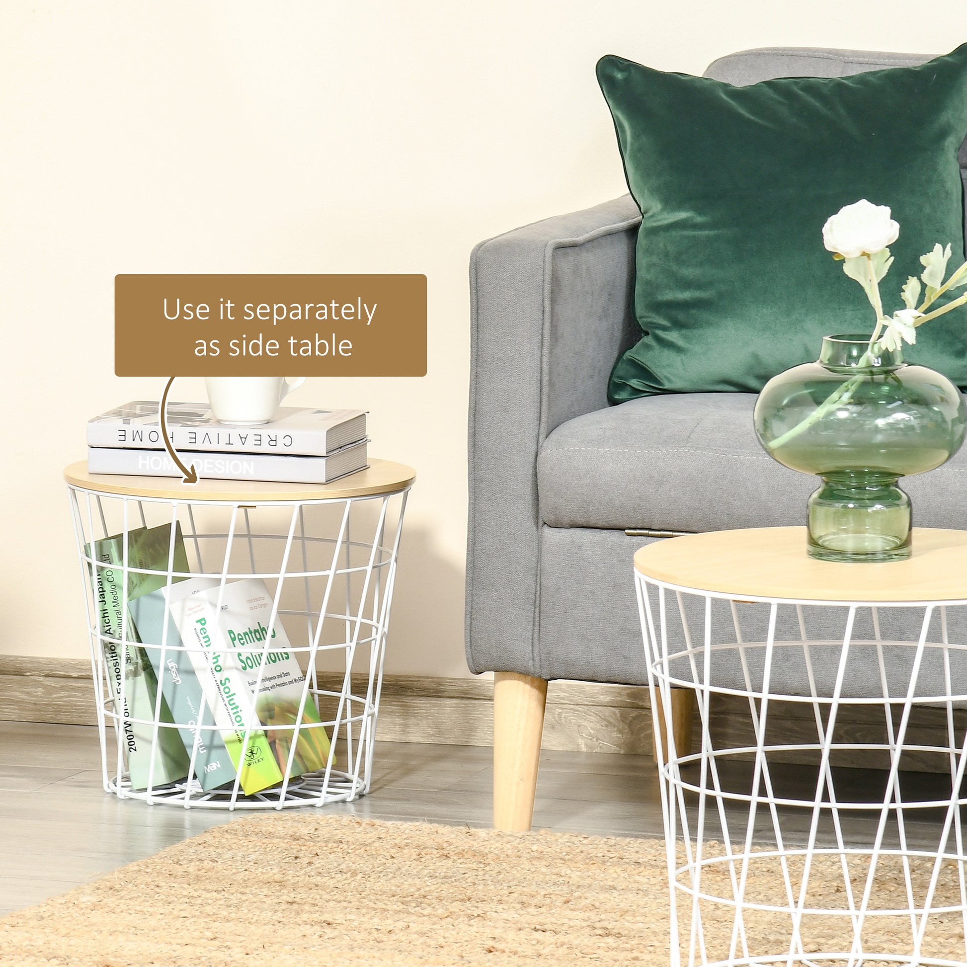 Homcom End Tables Set Of 2, Nesting Tables With Storage, Round Accent Side Tables With Removable Top For Living Room, Bedroom, White Natural White Mdf