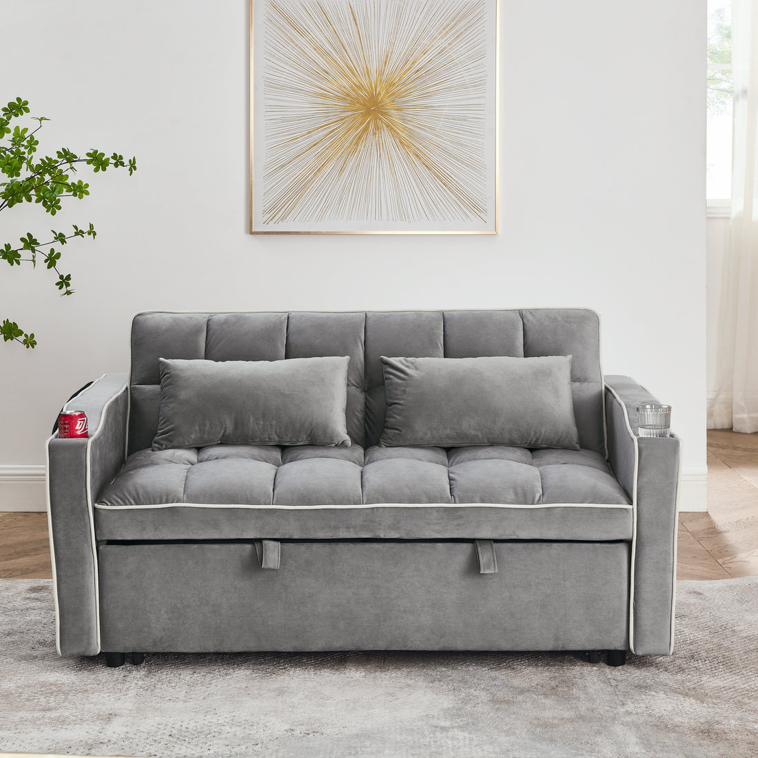 55.51 Inch Versatile Foldable Sofa Bed In 3 Lengths, Modern Sofa Sofa Sofa Velvet Pull Out Bed, Adjustable Back And With Usb Port And Ashtray And Swivel Phone Stand Grey Grey Velvet Wood Primary Living Space Medium Soft Cushion Back Delicate Duty