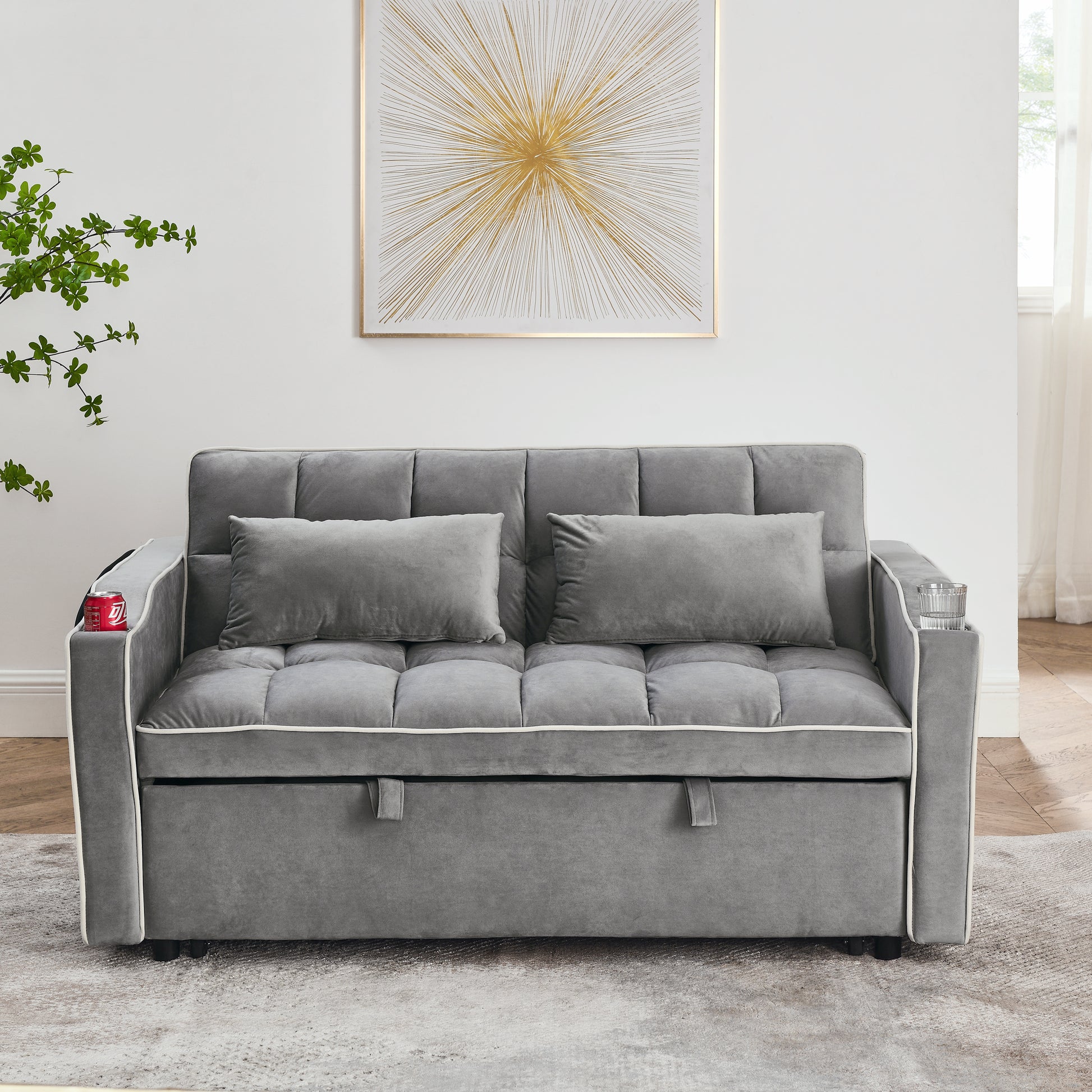55.51 Inch Versatile Foldable Sofa Bed In 3 Lengths, Modern Sofa Sofa Sofa Velvet Pull Out Bed, Adjustable Back And With Usb Port And Ashtray And Swivel Phone Stand Grey Grey Velvet Wood Primary Living Space Medium Soft Cushion Back Delicate Duty