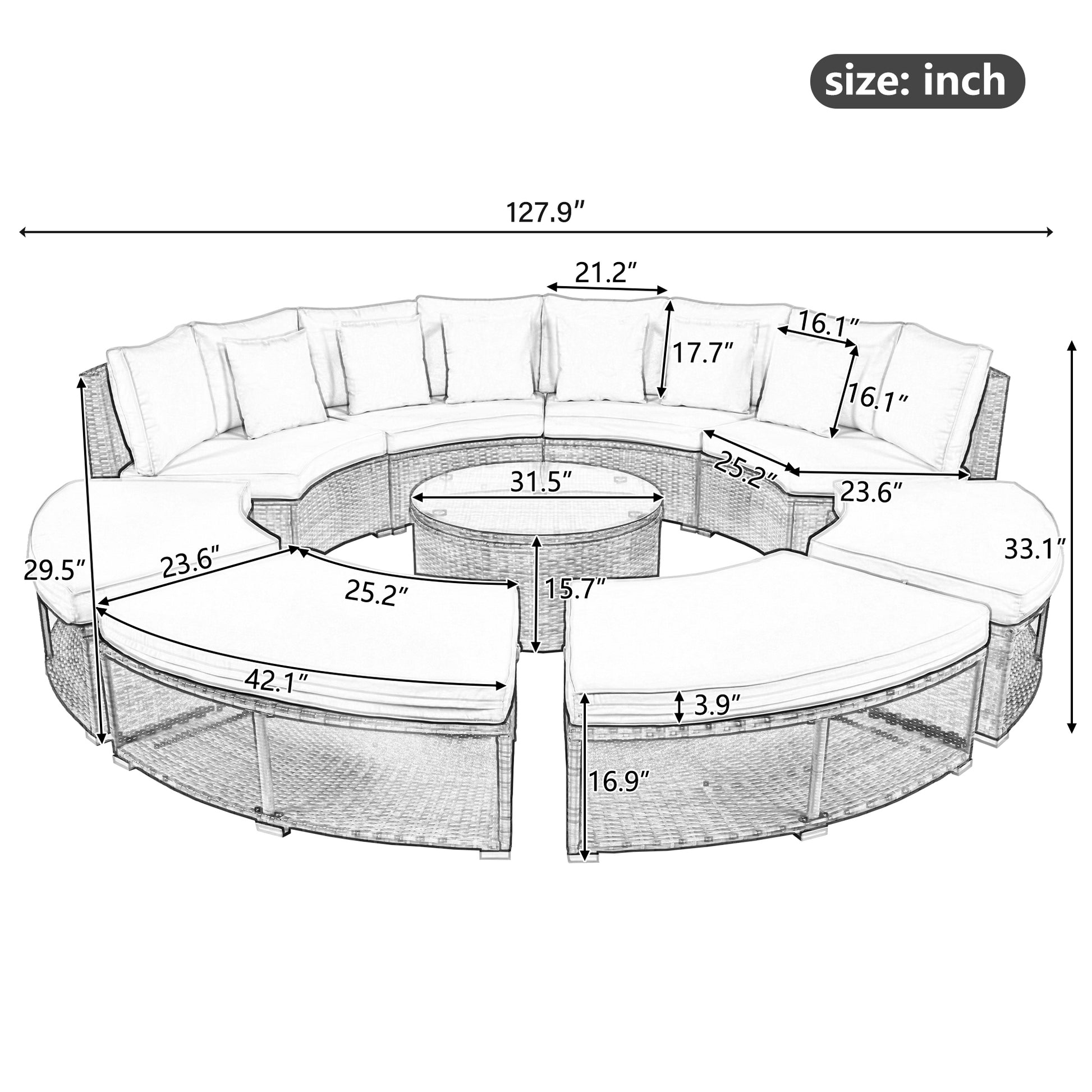 Outdoor Patio Furniture Luxury Circular Outdoor Sofa Set Rattan Wicker Sectional Sofa Lounge Set With Tempered Glass Coffee Table, 6 Pillows,Beige Yes Beige Water Resistant Frame Water Resistant Cushion Garden & Outdoor Sectional Seating Groups Foam