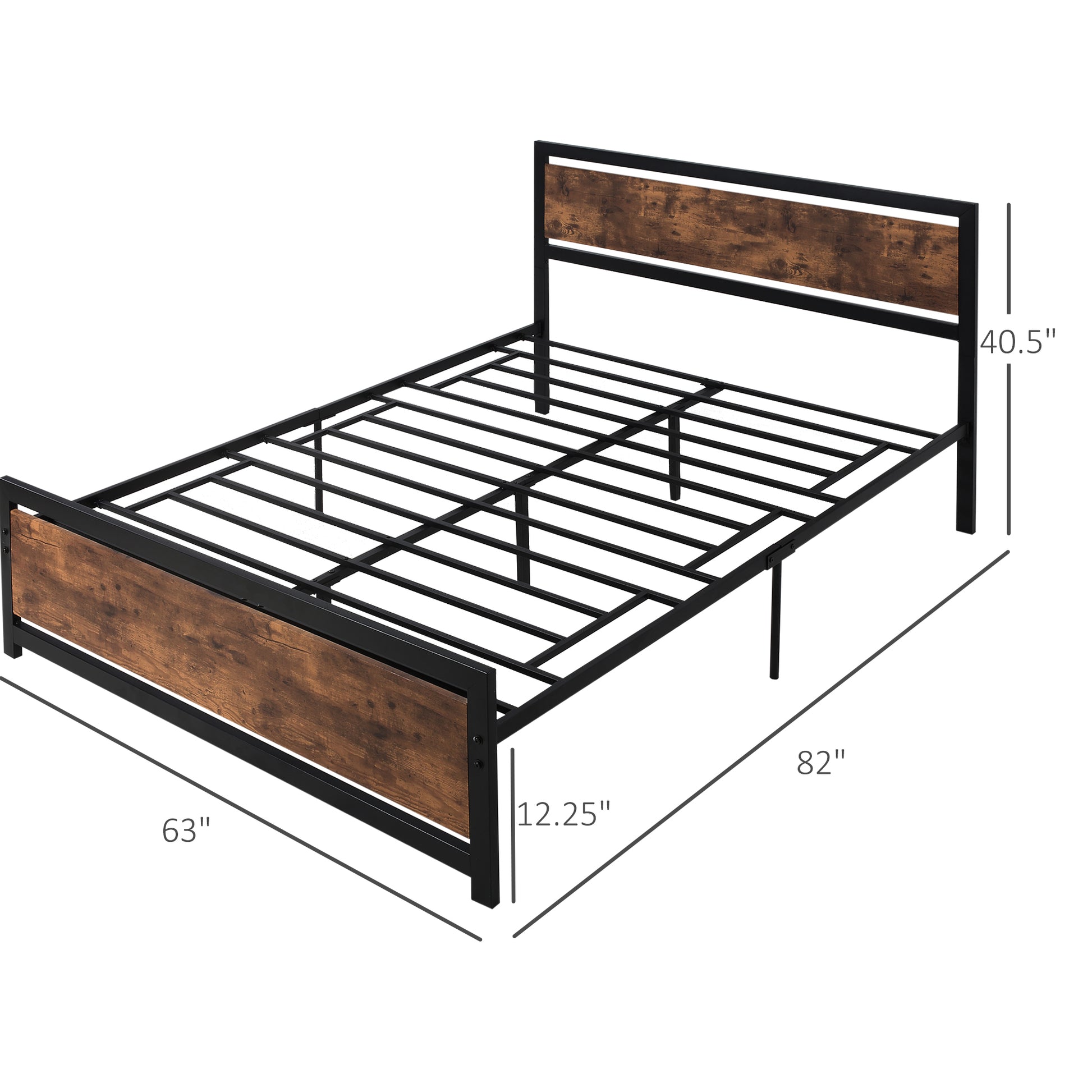 Homcom Queen Bed Frame With Headboard & Footboard, Strong Metal Slat Support Bed Frame W Underbed Storage Space, No Box Spring Needed, 63''X82''X40.5'' Brown Mdf