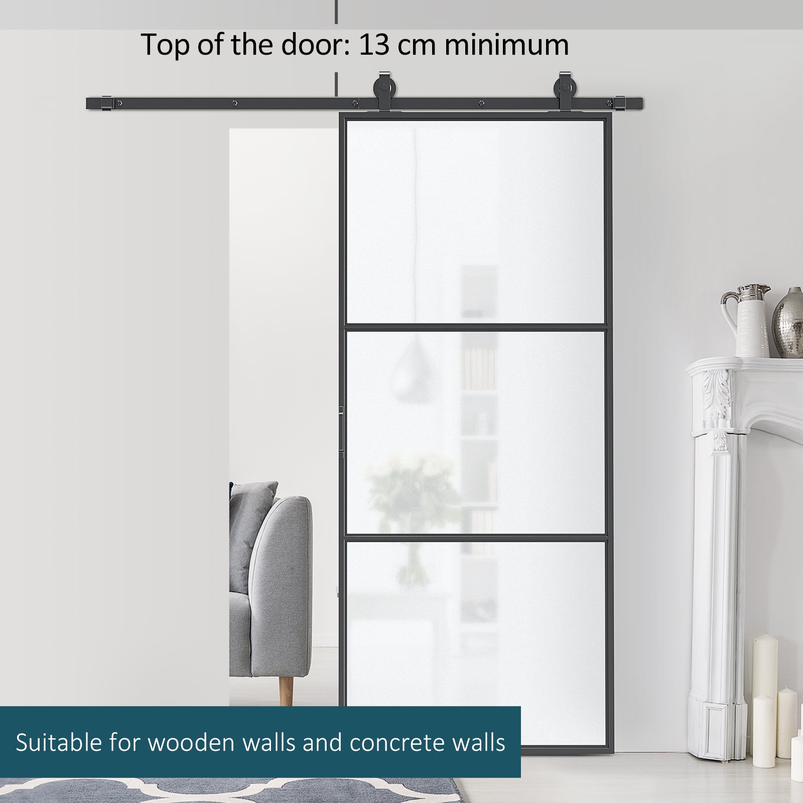 Homcom 36" X 84" Sliding Door With Hardware Kit, Handle, & Track, Industrial Frosted Tempered Glass Door With Carbon Steel, Easy Installation Black Carbon Steel