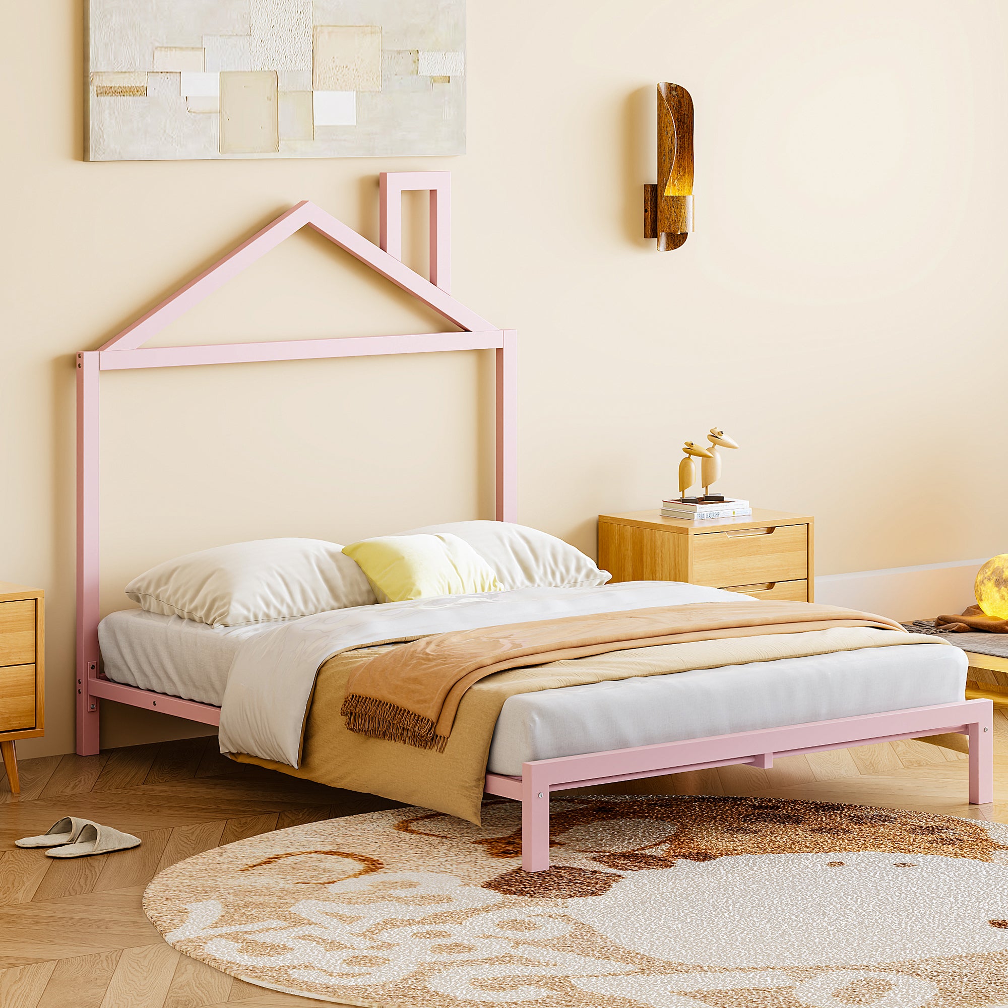 Full Size Metal Platform Bed With House Shaped Headboard Design, Pink Pink Metal