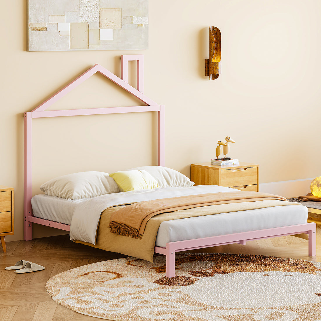 Full Size Metal Platform Bed With House Shaped Headboard Design, Pink Pink Metal