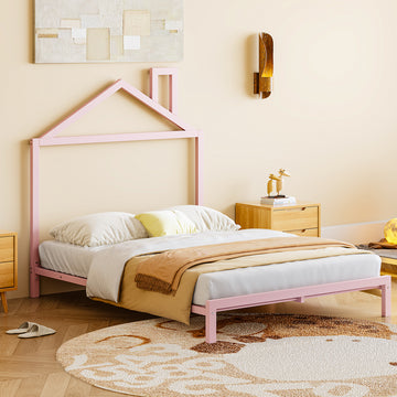 Full Size Metal Platform Bed With House Shaped Headboard Design, Pink Pink Metal