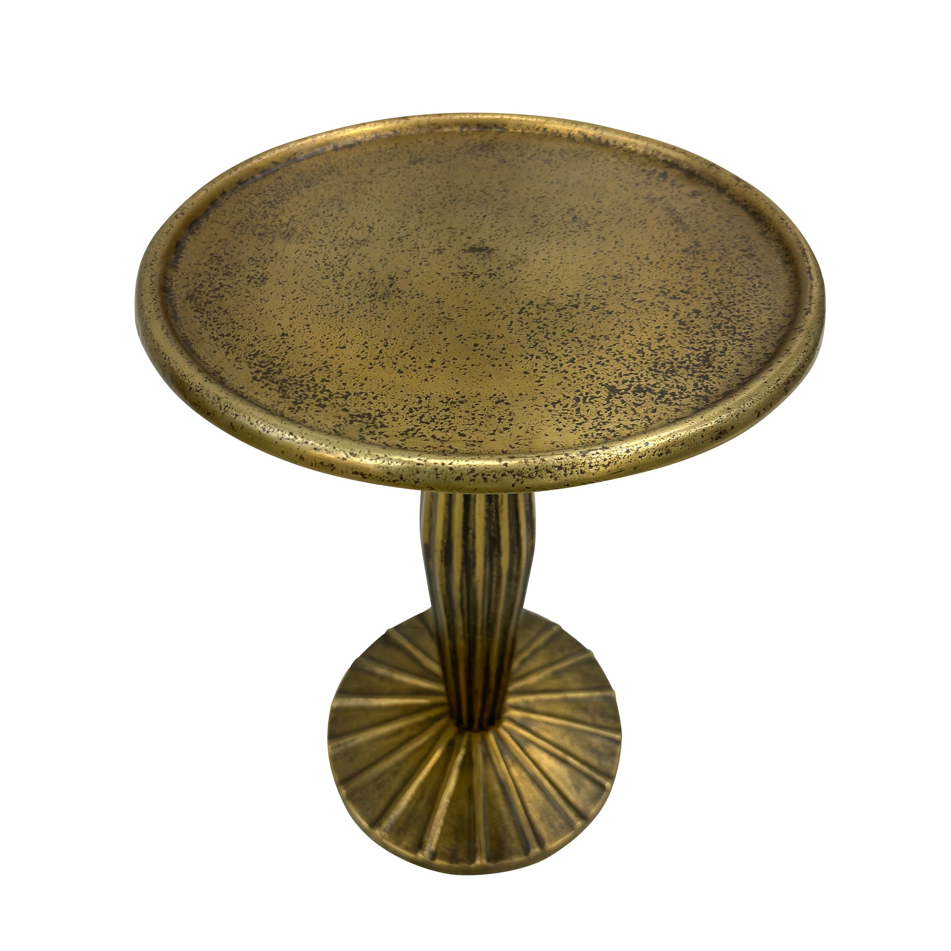 12 Inch Side End Drink Table, Fancy Fluted Base, Round Top, Antique Brass Antique Brass Aluminum