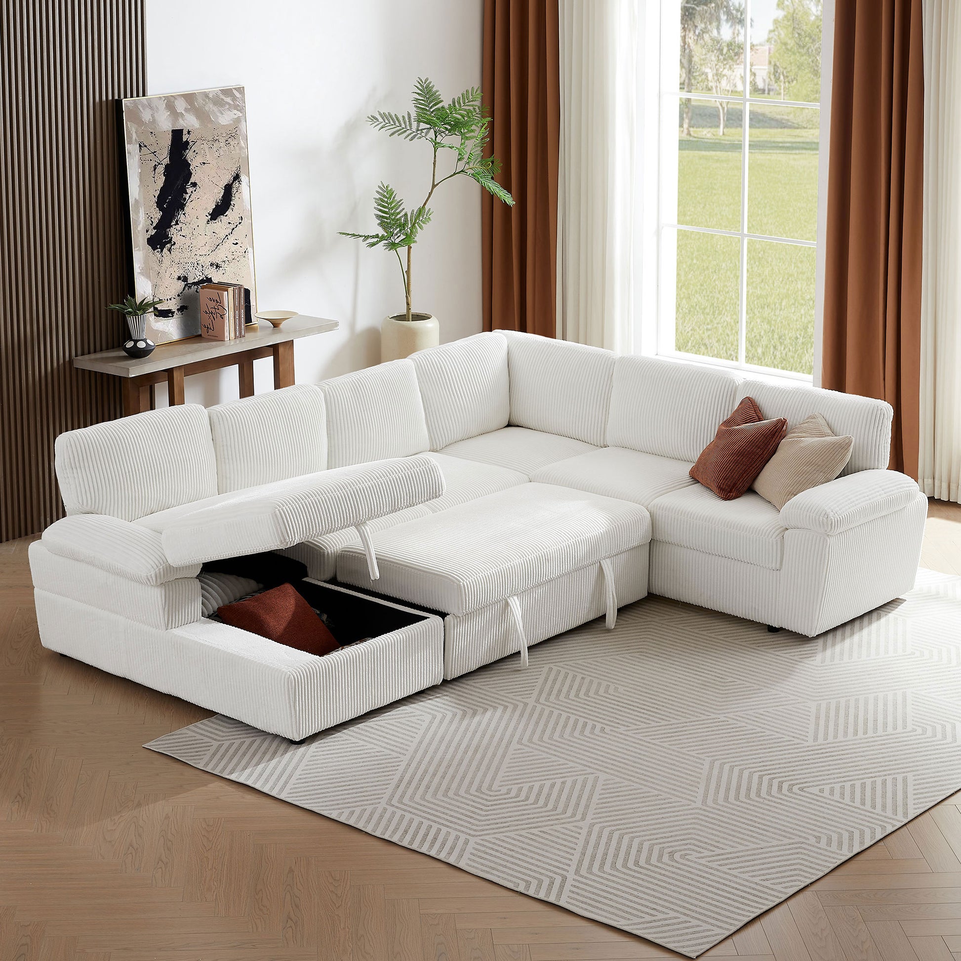 Oversized Modular Storage Sectional Sofa Couch For Home Apartment Office Living Room,Free Combination L U Shaped Corduroy Upholstered Deep Seat Furniture Convertible Sleeper Sofabed Left White Corduroy