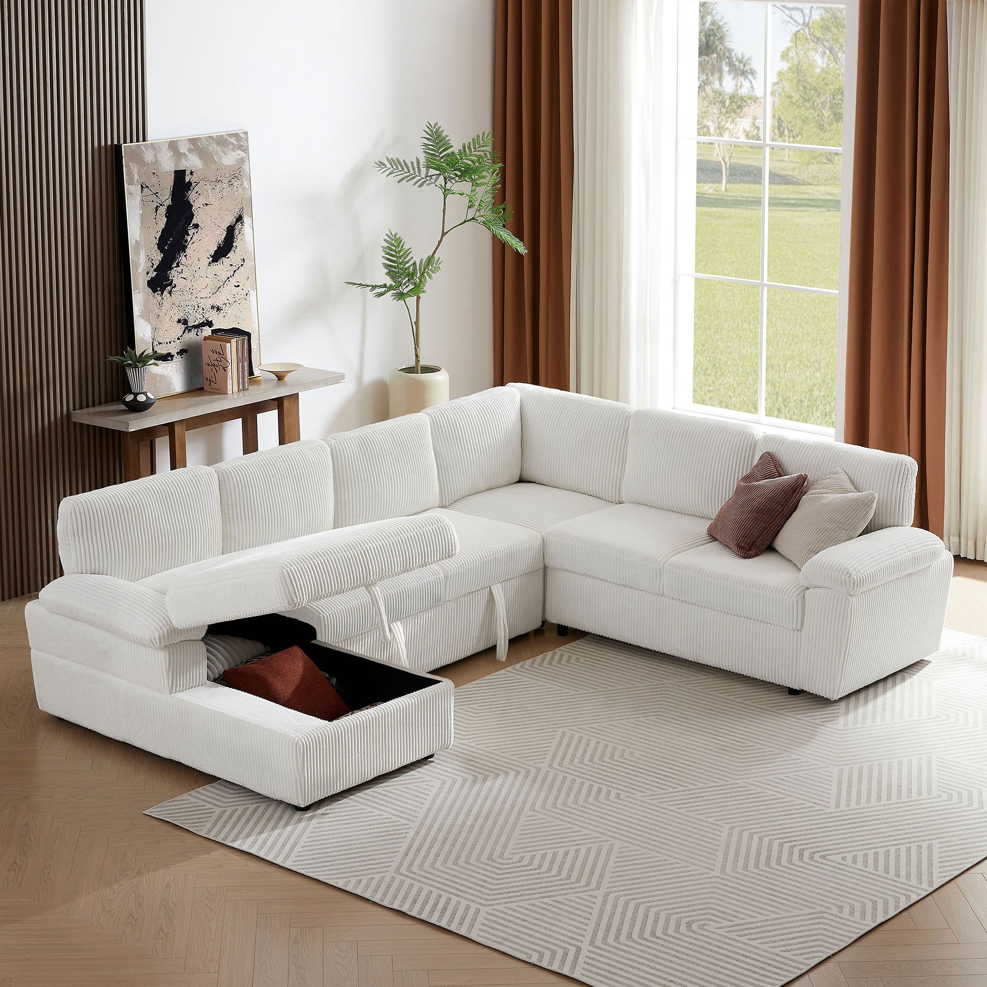 Oversized Modular Storage Sectional Sofa Couch For Home Apartment Office Living Room,Free Combination L U Shaped Corduroy Upholstered Deep Seat Furniture Convertible Sleeper Sofabed Left White Corduroy