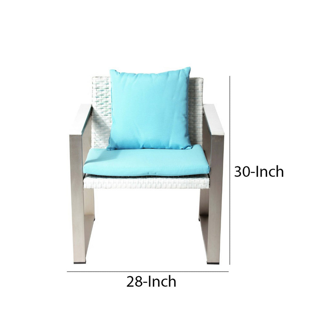 Anodized Aluminum Upholstered Cushioned Chair With Rattan, White Turquoise Gray Blue White Stripes Rattan Metal