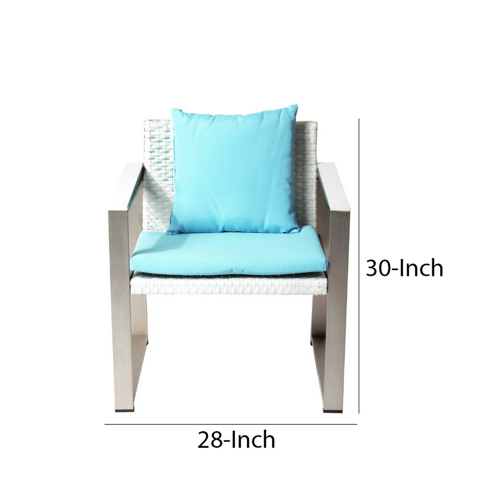 Anodized Aluminum Upholstered Cushioned Chair With Rattan, White Turquoise Gray Blue White Stripes Rattan Metal