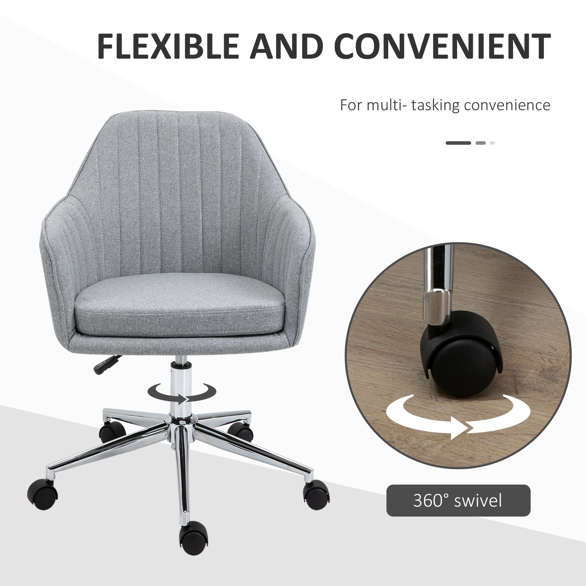 Vinsetto Mid Back Task Chair, Fabric Home Office Chair, Swivel Desk Chair With Tub Shape Design & Lined Pattern Back For Living Room, Bedroom, Gray Gray Polyester
