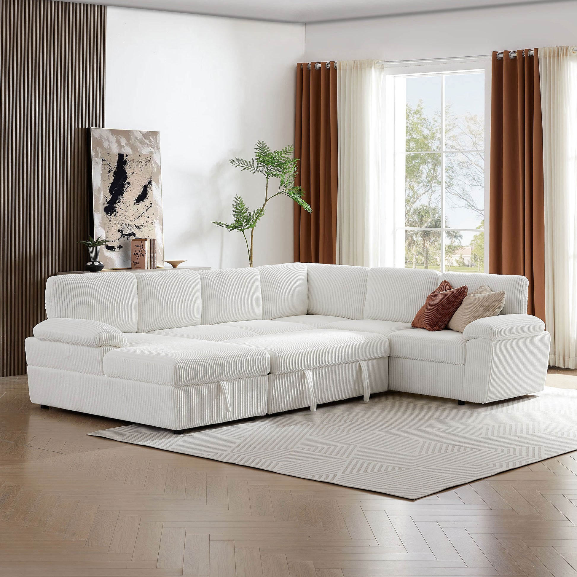 Oversized Modular Storage Sectional Sofa Couch For Home Apartment Office Living Room,Free Combination L U Shaped Corduroy Upholstered Deep Seat Furniture Convertible Sleeper Sofabed Left White Corduroy