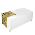 48 Inch Rectangular Modern Coffee Table With Geometric Cut Out Design, White And Brass Gold White Metal & Wood
