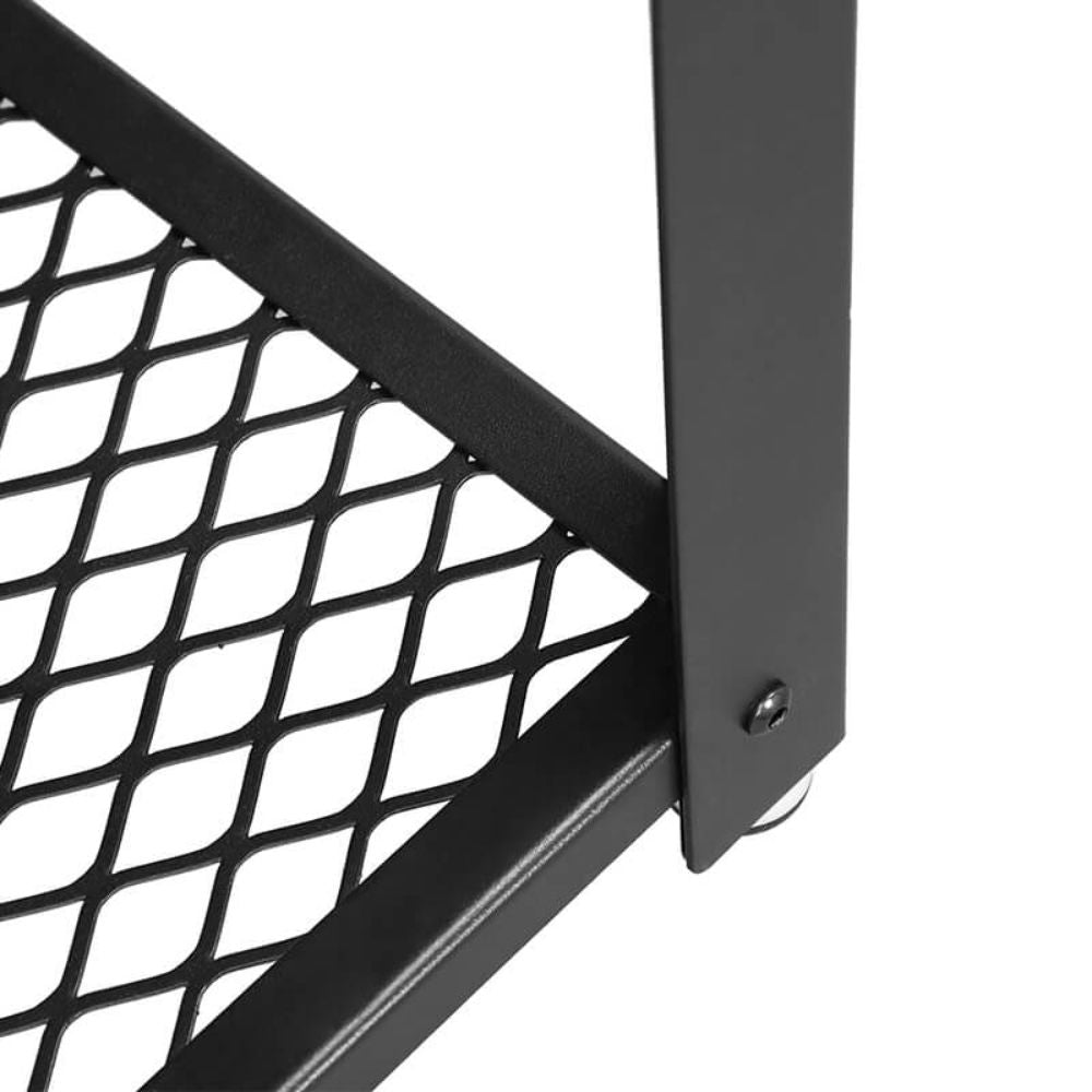 Matt 22 Inch Metal Framed End Side Table, Wood Top, Wire Mesh Open Shelf, Brown, Black Black Brown Wood Metal