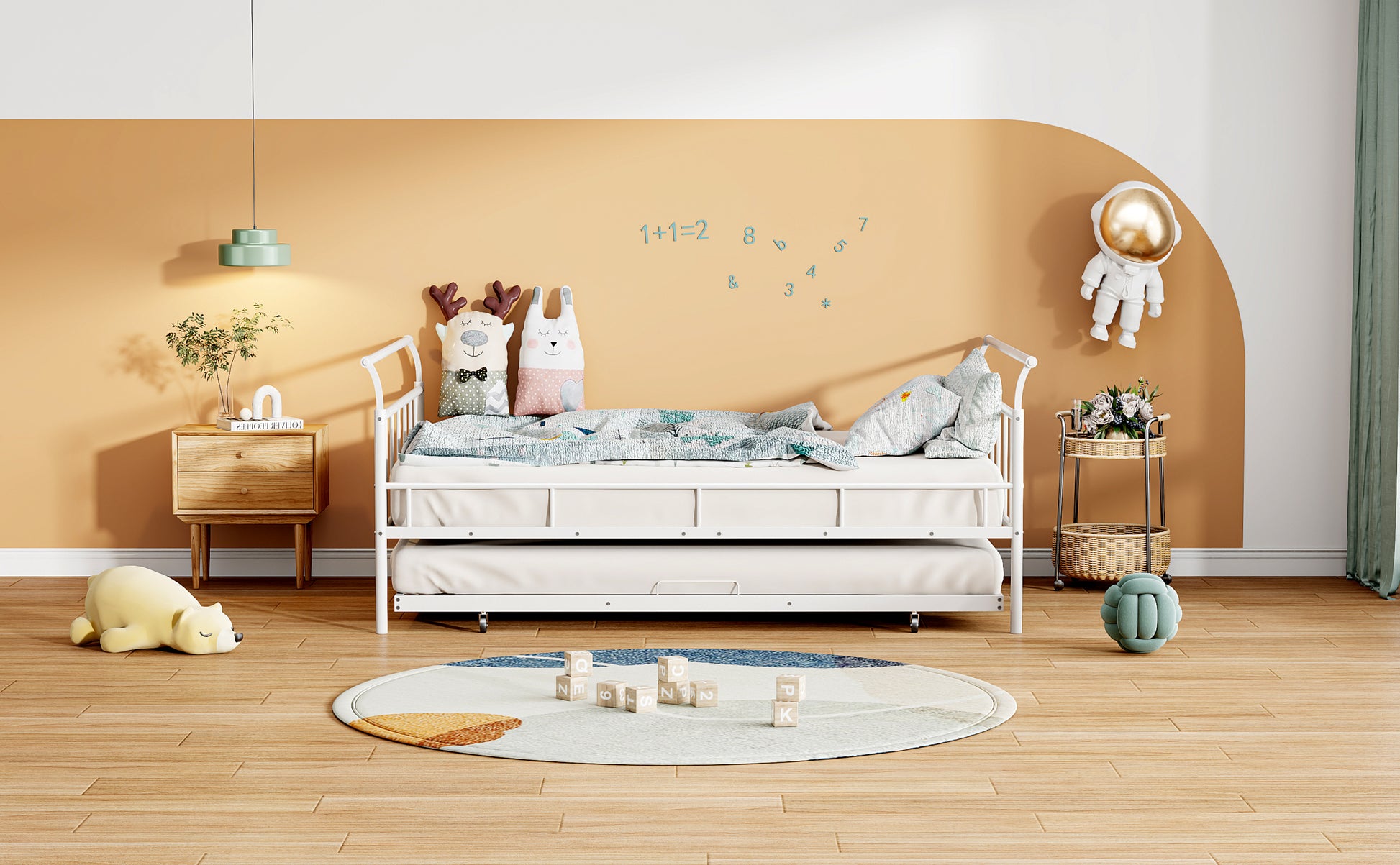 Full Size Metal Daybed With Curved Handle Design And Twin Size Trundle, White White Metal