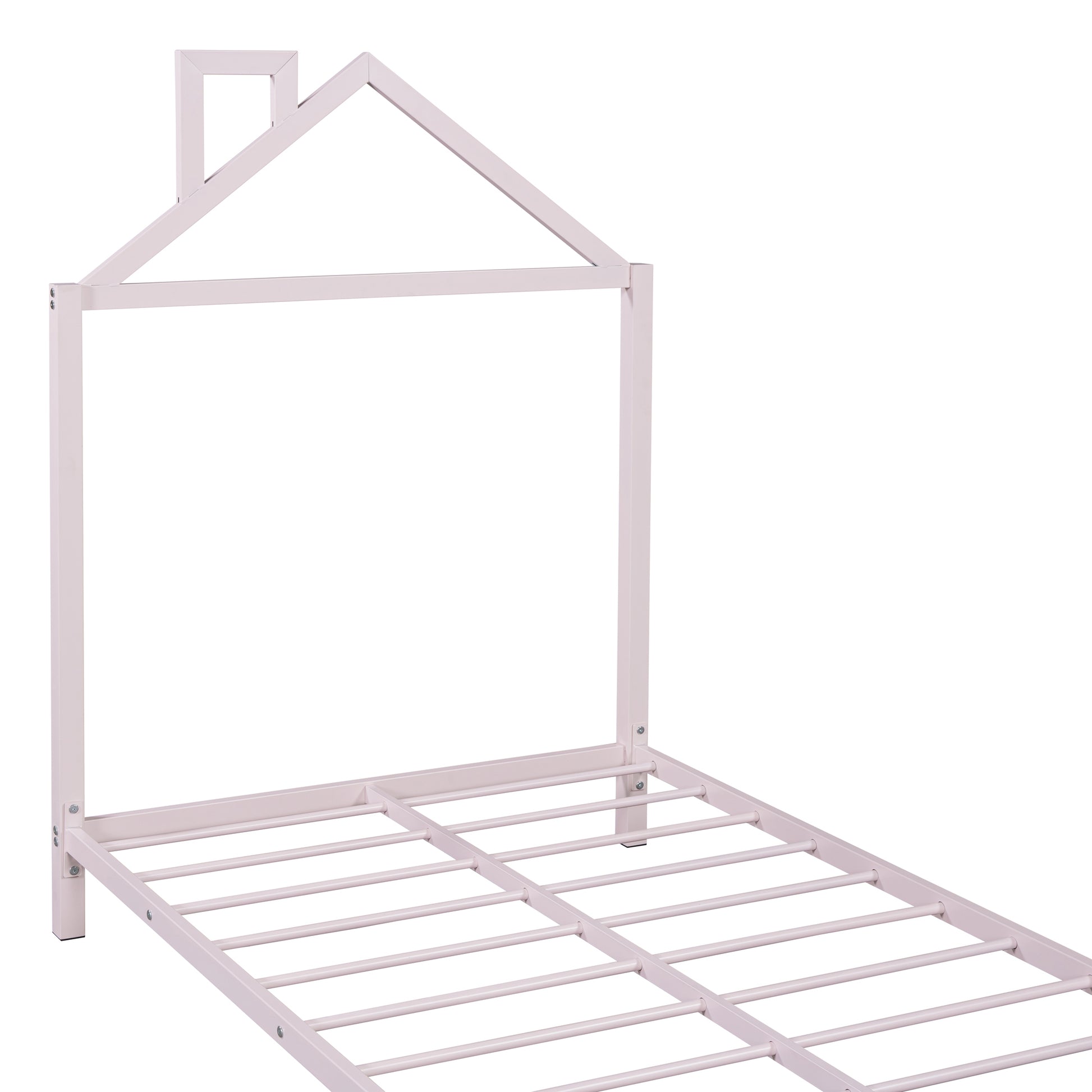 Twin Size Metal Platform Bed With House Shaped Headboard Design, Pink Pink Metal