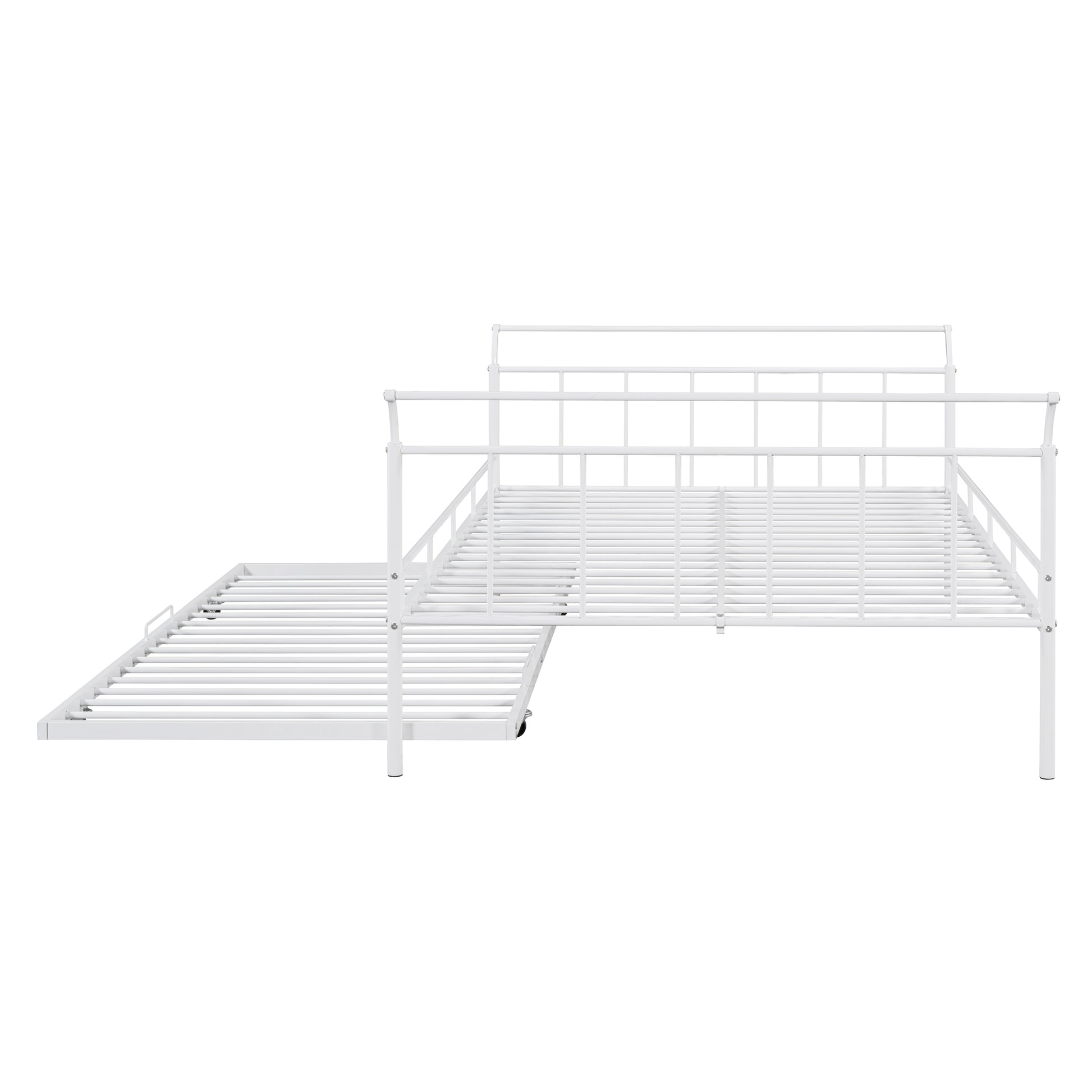 Full Size Metal Daybed With Curved Handle Design And Twin Size Trundle, White White Metal