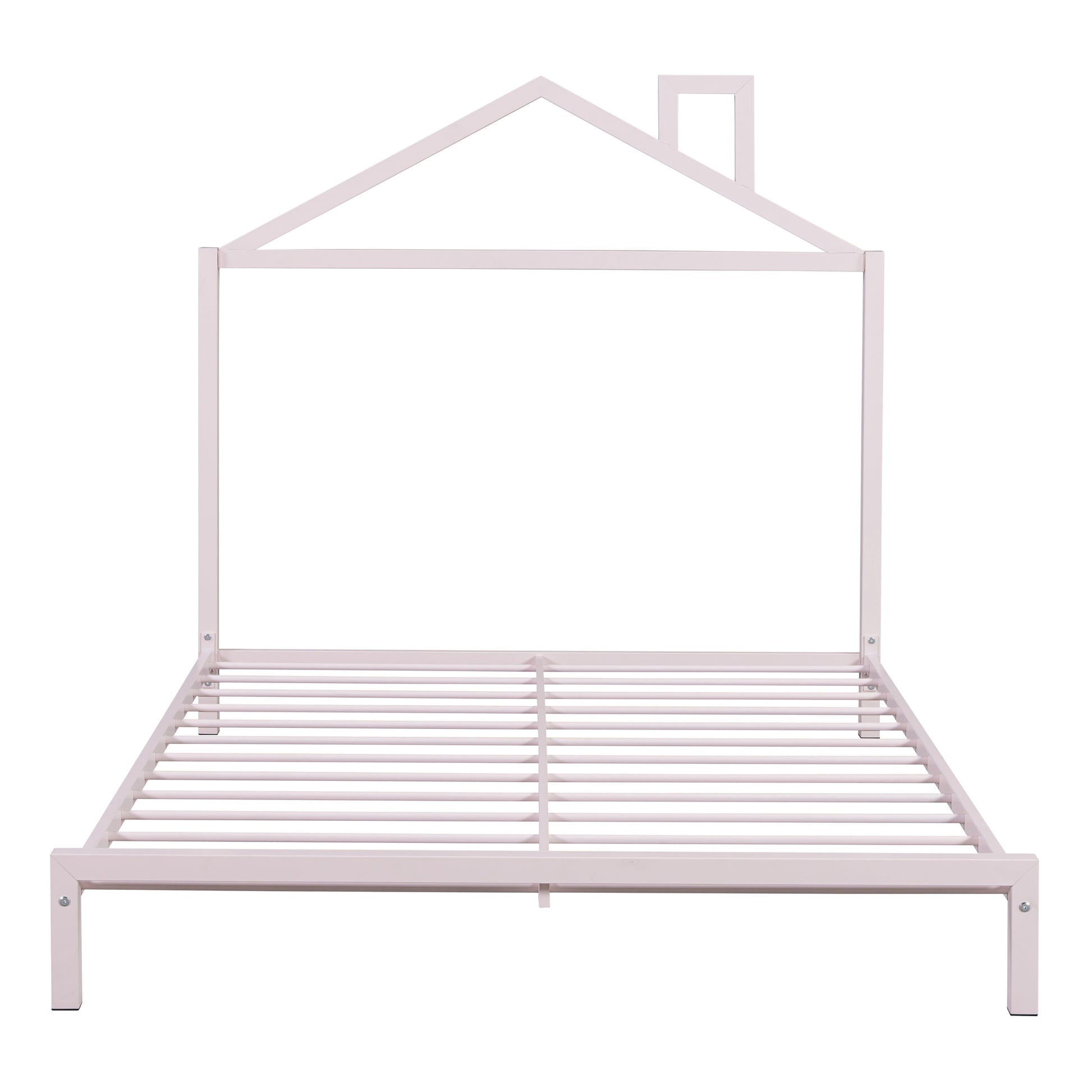 Full Size Metal Platform Bed With House Shaped Headboard Design, Pink Pink Metal