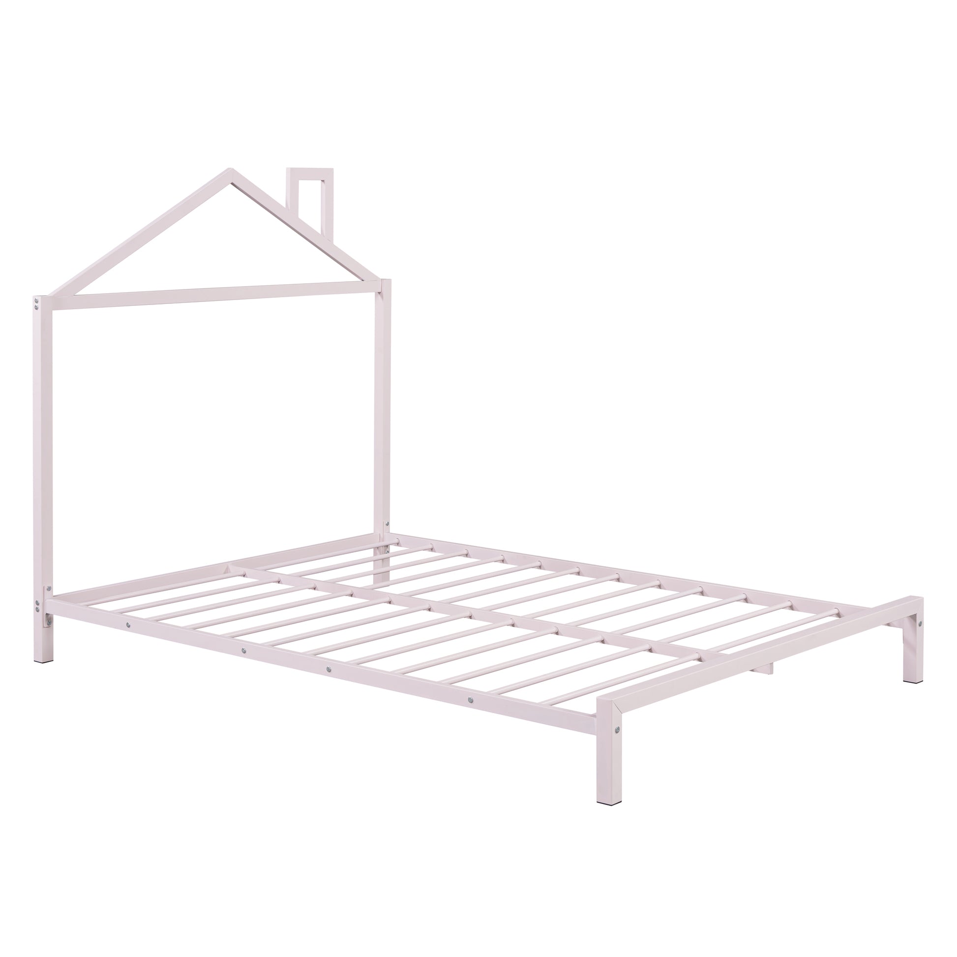 Full Size Metal Platform Bed With House Shaped Headboard Design, Pink Pink Metal