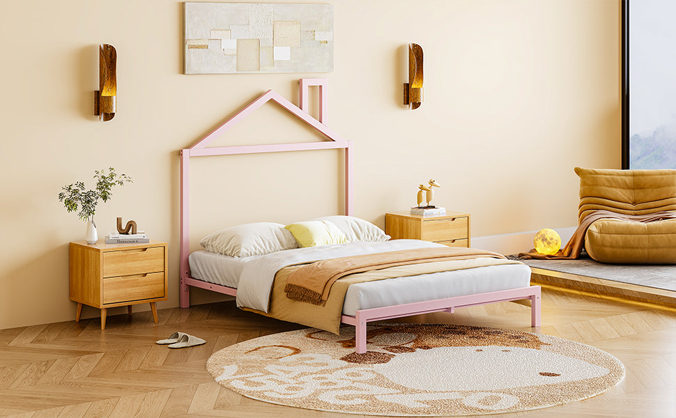 Full Size Metal Platform Bed With House Shaped Headboard Design, Pink Pink Metal