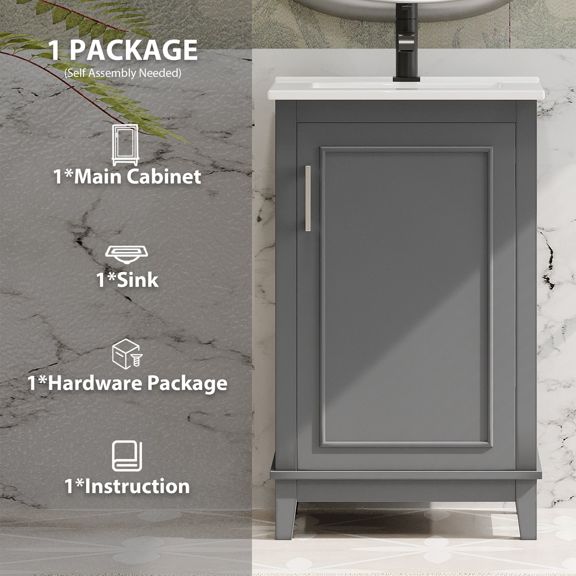 Viedo 20 Inch Modern Small Bathroom Vanity Cabinet With Ceramic Basin 20*15.5*33.3 Inches,Ample Storage,1 Soft Close Door Gray Solid Wood Mdf