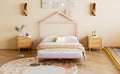 Full Size Metal Platform Bed With House Shaped Headboard Design, Pink Pink Metal