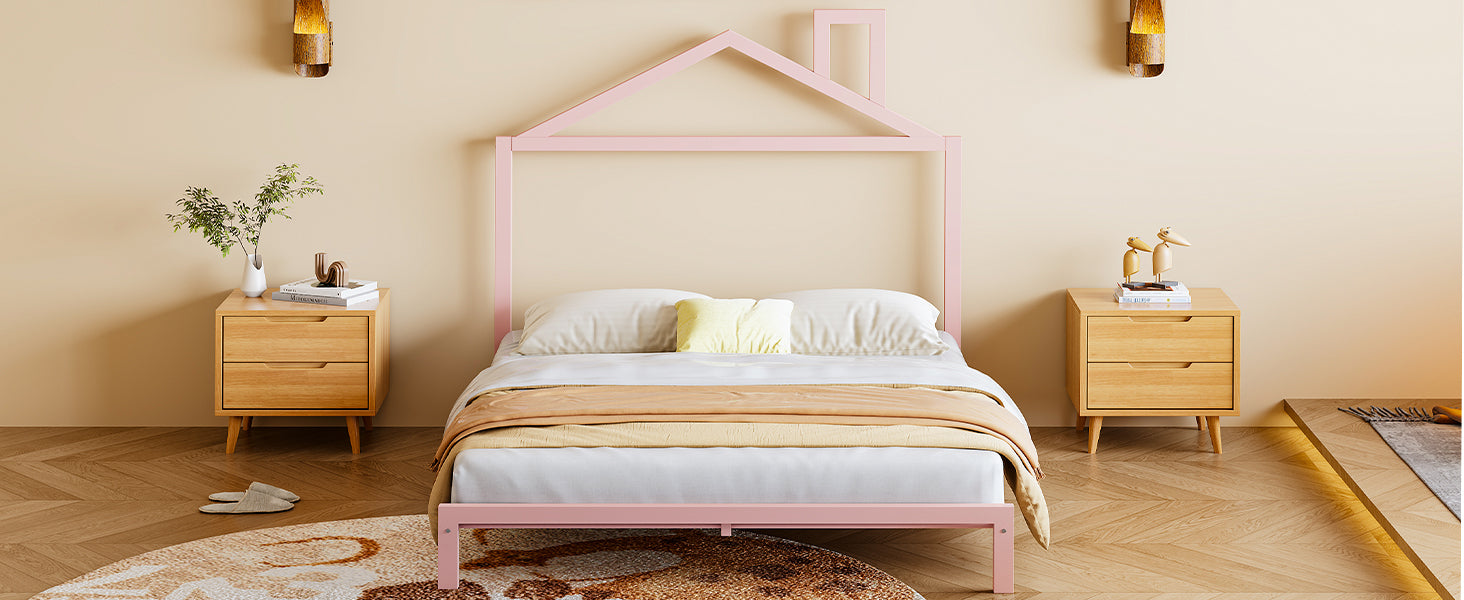 Full Size Metal Platform Bed With House Shaped Headboard Design, Pink Pink Metal