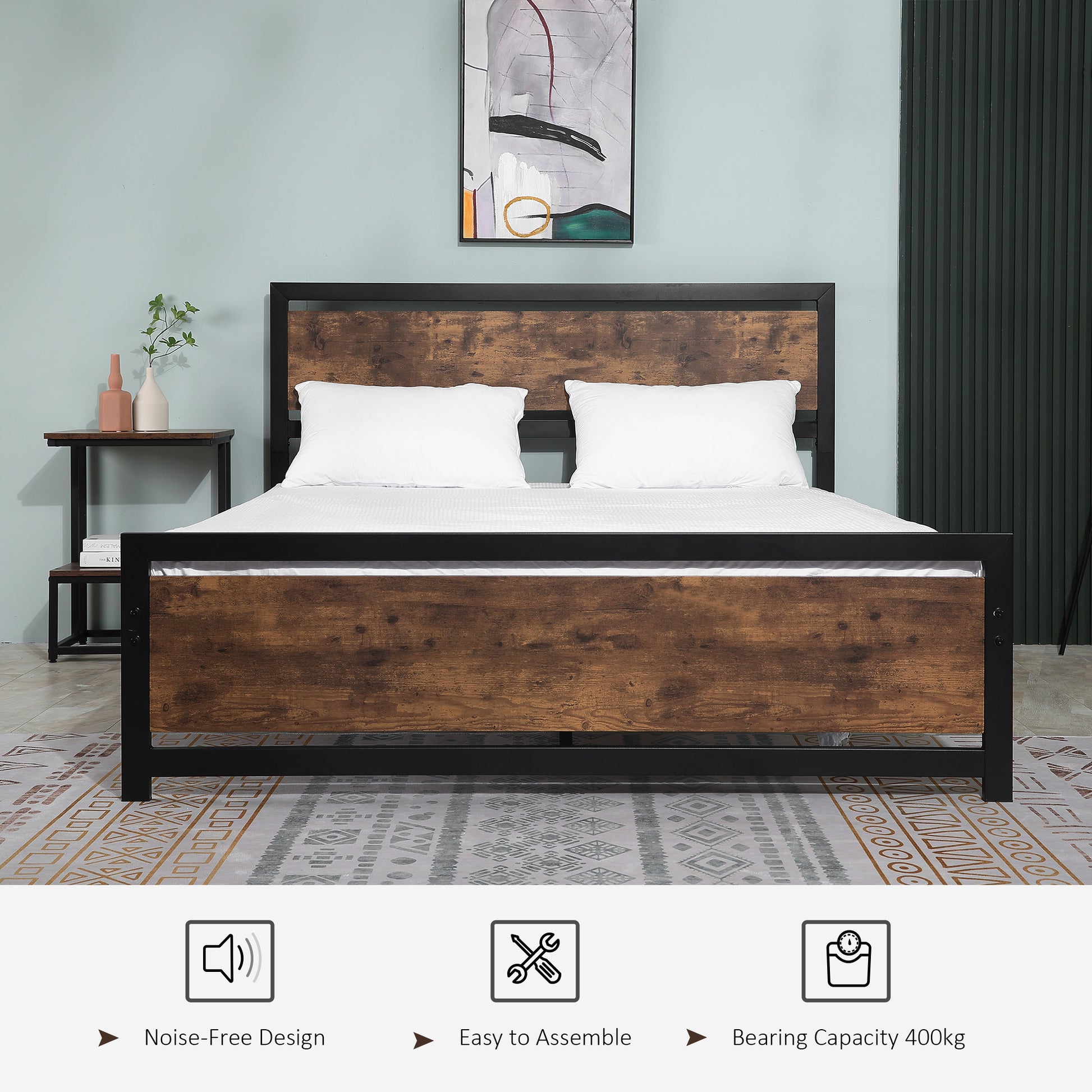 Homcom Queen Bed Frame With Headboard & Footboard, Strong Metal Slat Support Bed Frame W Underbed Storage Space, No Box Spring Needed, 63''X82''X40.5'' Brown Mdf